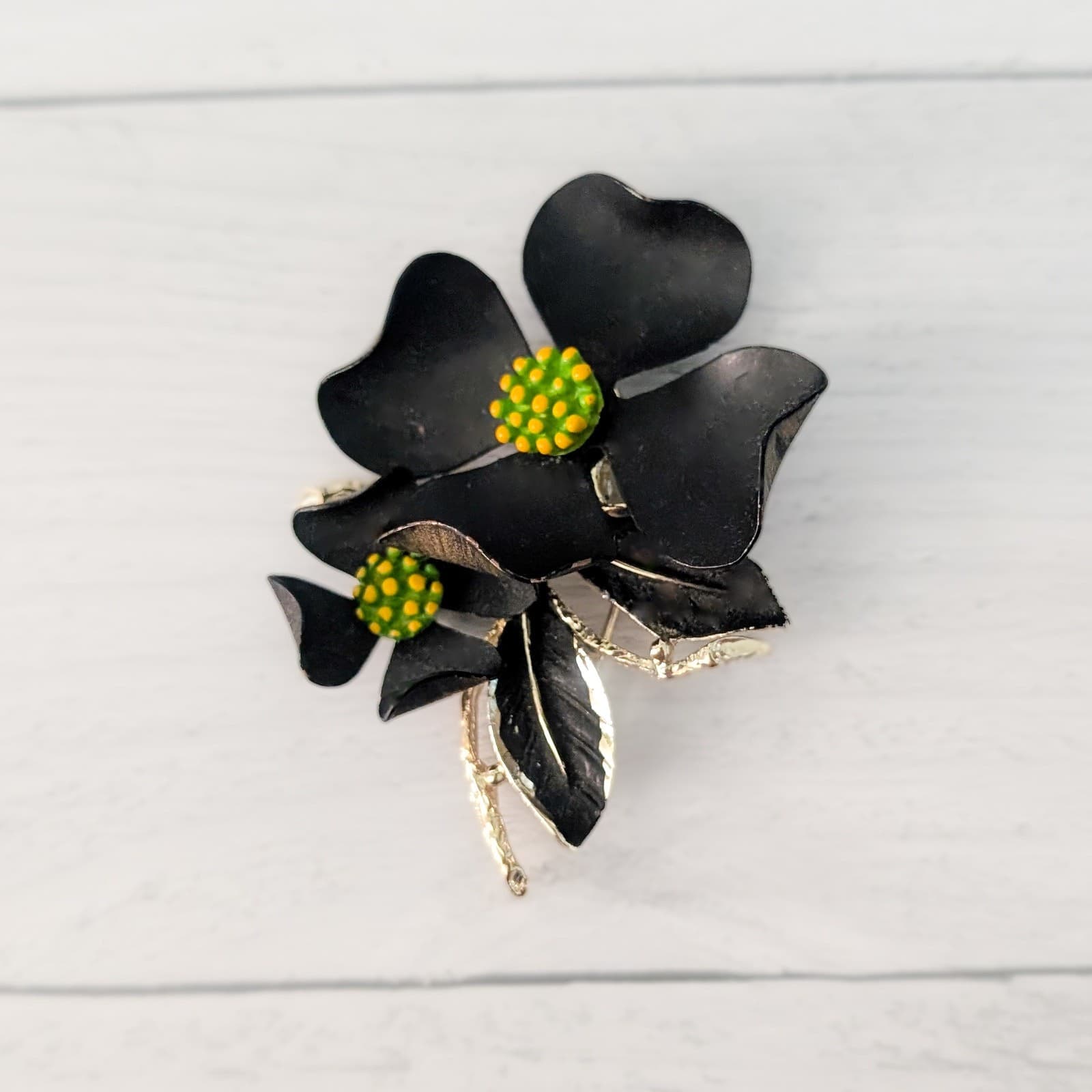 Vintage Judy Lee Brooch Very Large Black & Gold Tone Flower 3" Statement