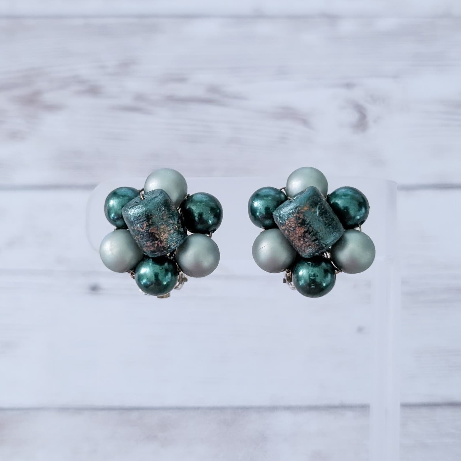 Vintage Clip On Earrings Retro Cluster Green Tones 1"