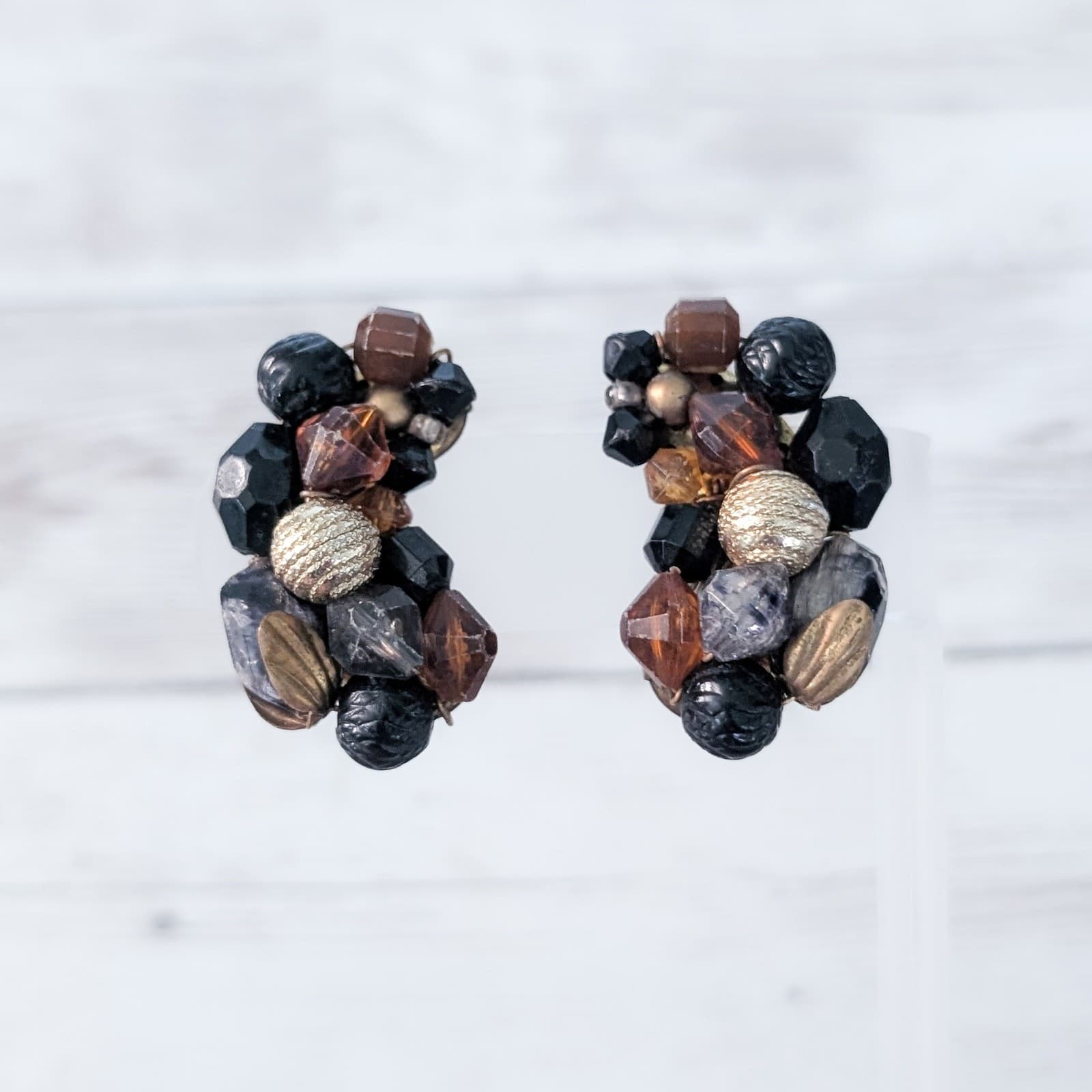 Vintage Clip On Earrings Very Large Statement Brown Tones 1.5"