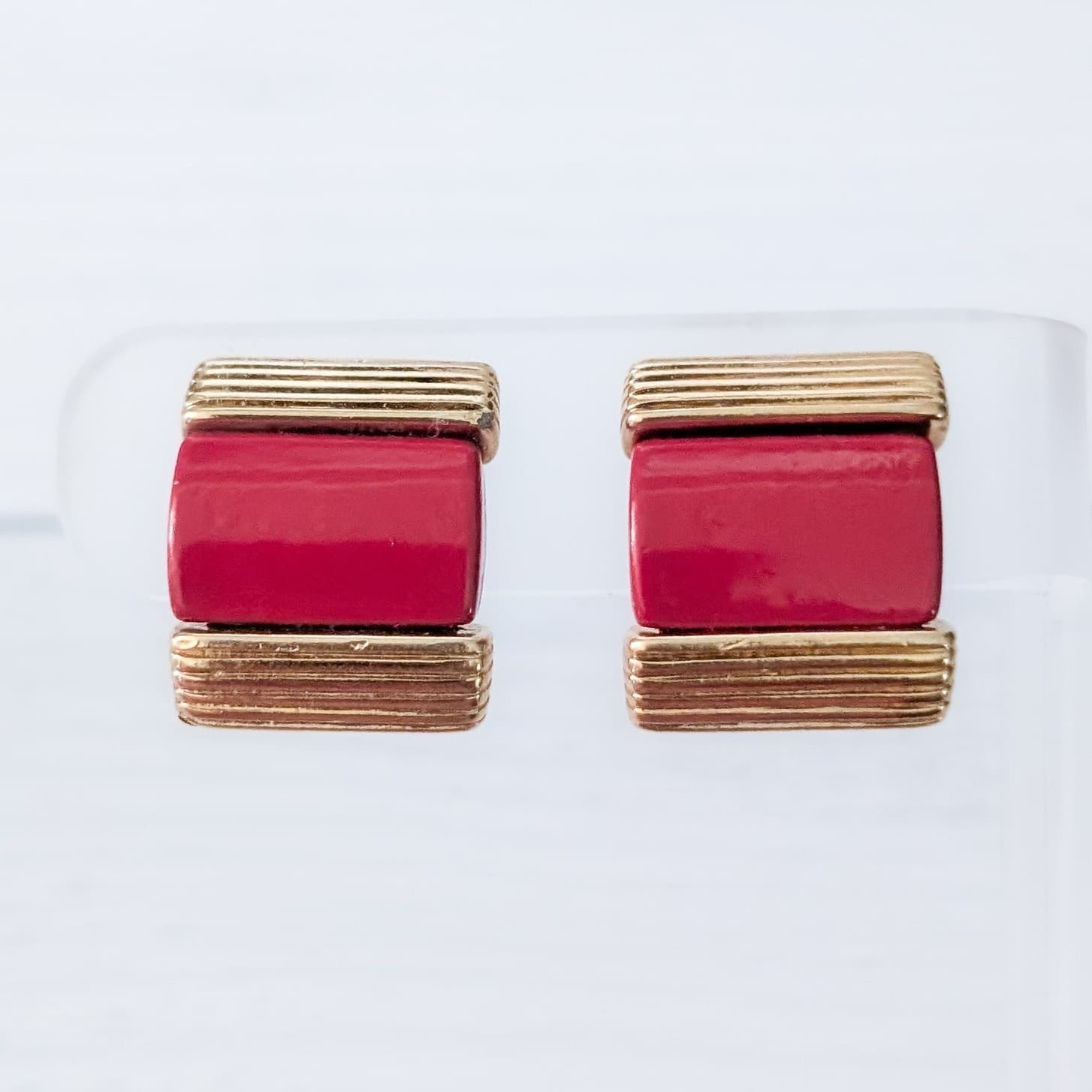 Vintage Nina Ricci Clip On Earrings Gold Tone & Red Statement 1980's Earrings