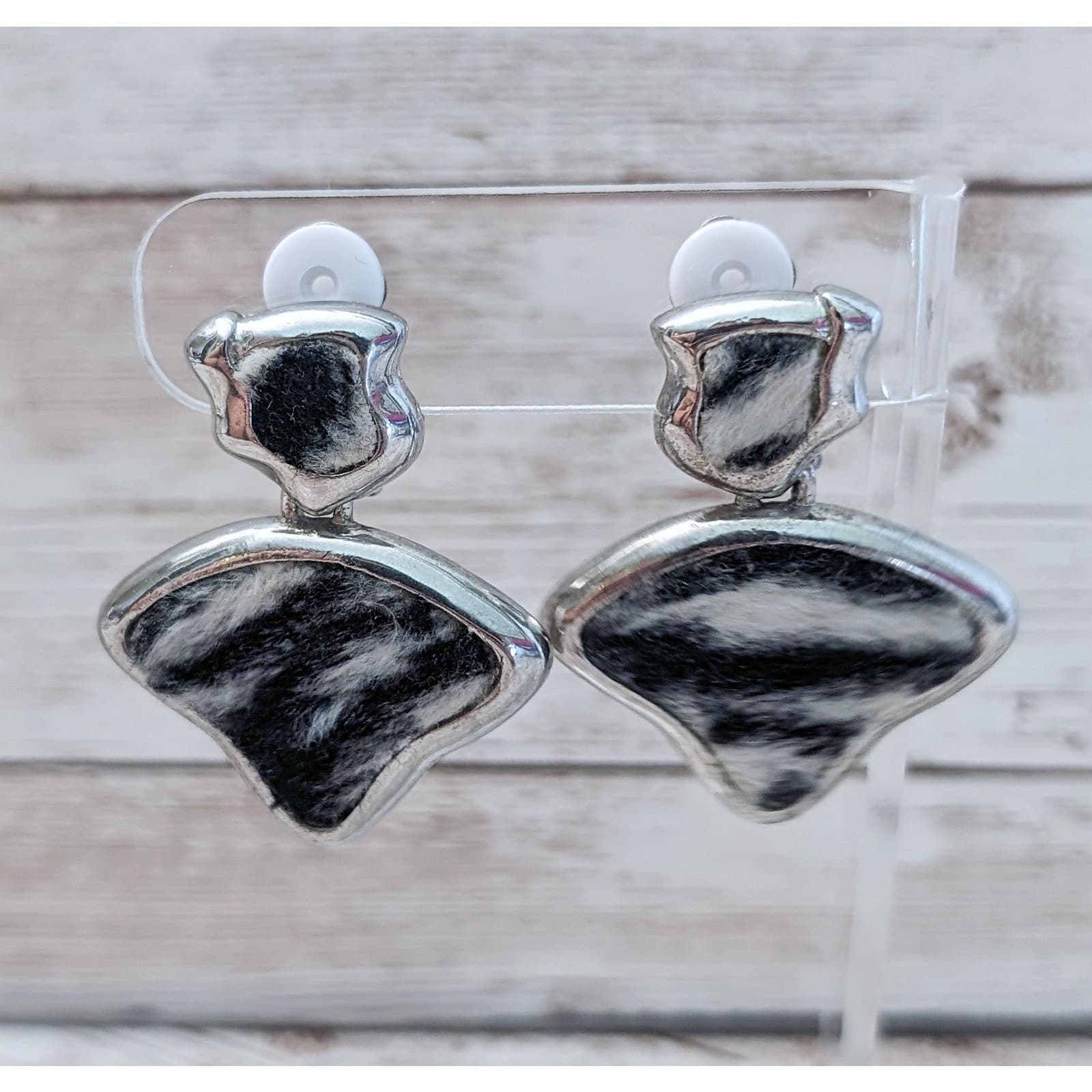 Vintage Clip On Earrings Zebra Print Dangle