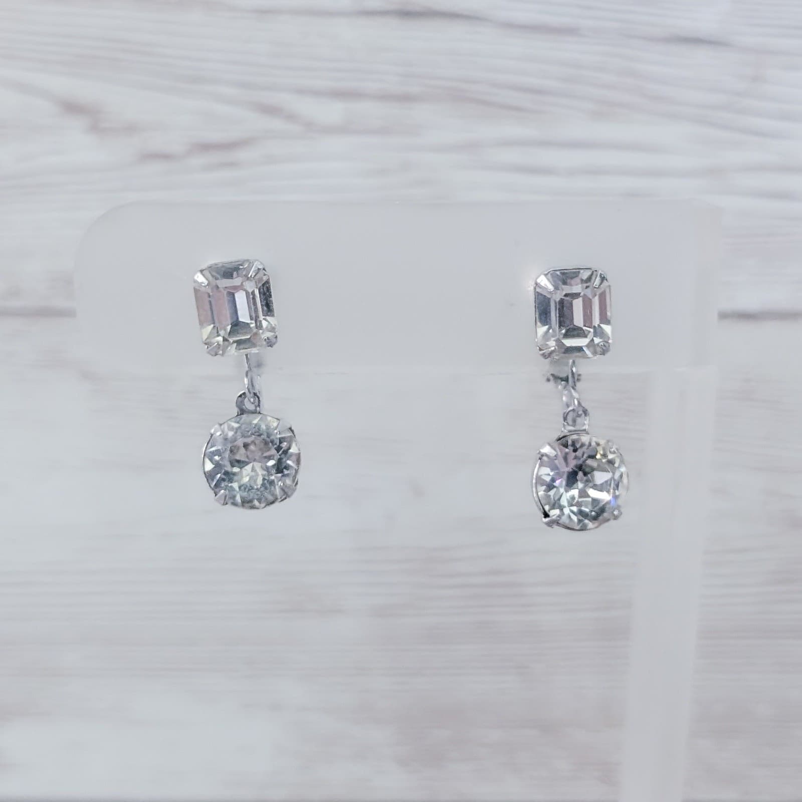 Vintage Eisenburg Clip On Earrings Stylish Two Clear Gem & Silver Tone Dangle