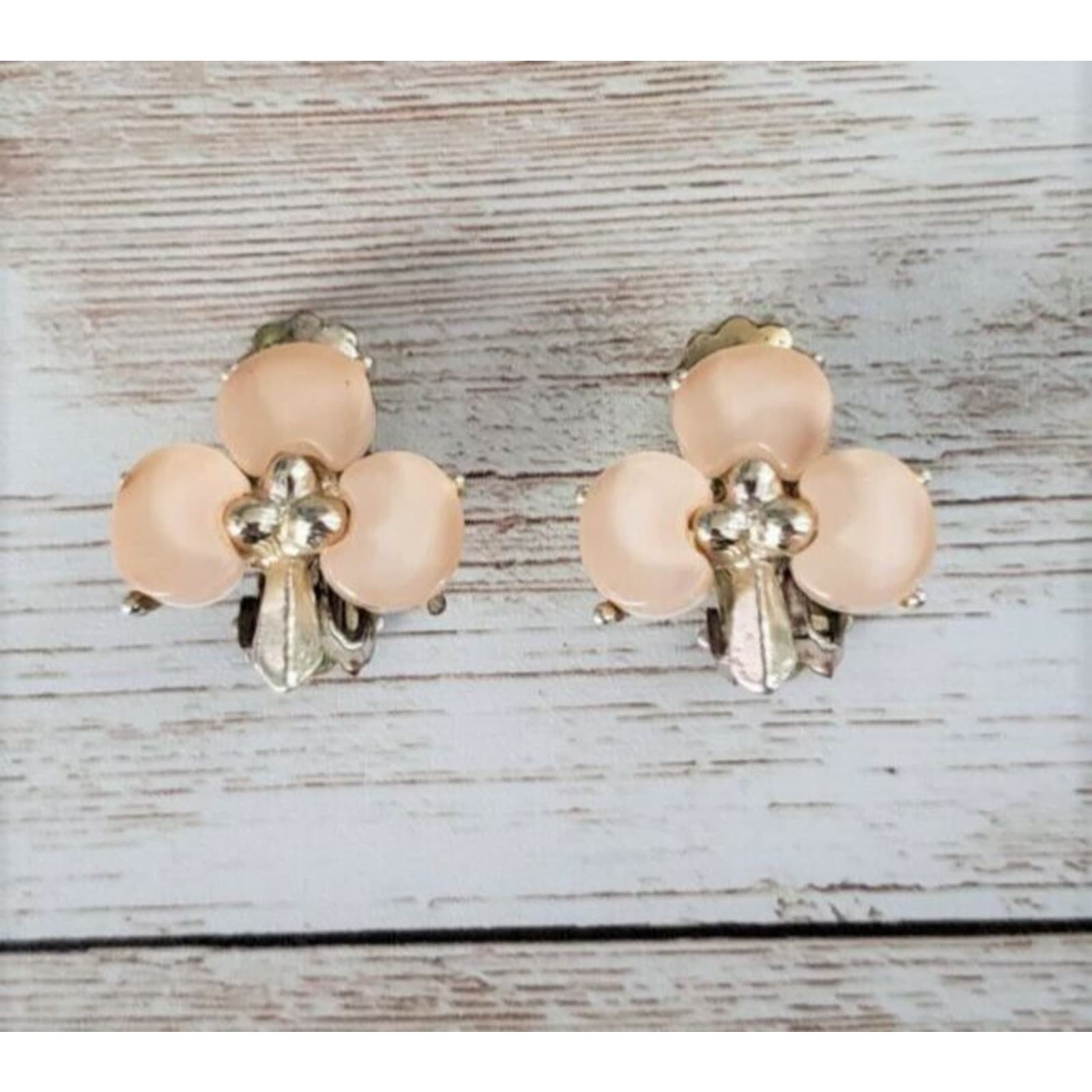 Vintage Clip On Earrings Pink Clover & Gold Tone