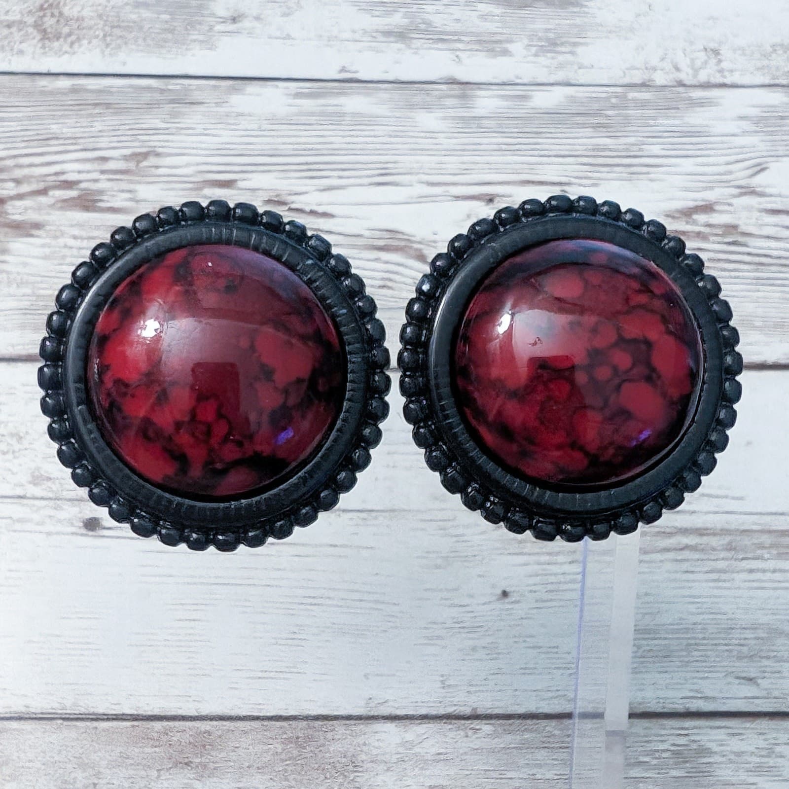 Vintage Clip On Earrings - Large Red & Black Statement