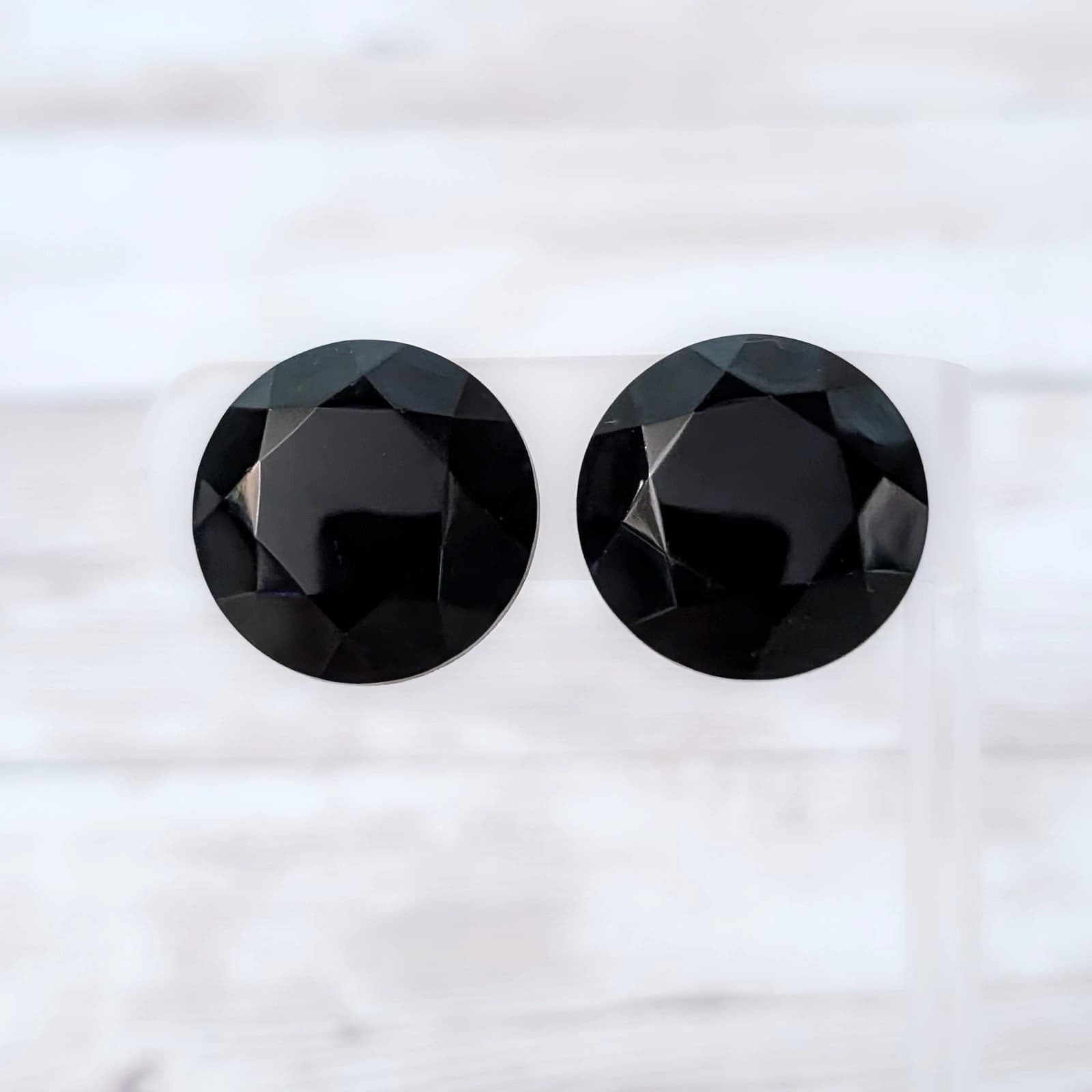 Vintage Clip On Earrings Black Glass? Faceted Circle Large 15/16"