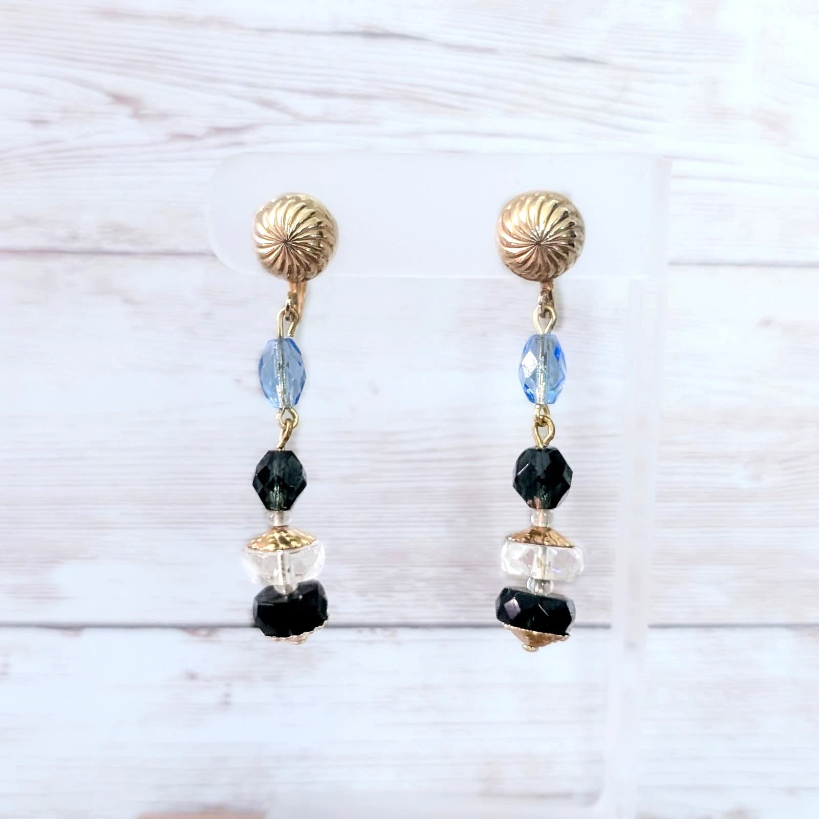 Vintage Screw Back Earrings Gold Tone, Blue. Black, Clear Long Dangle