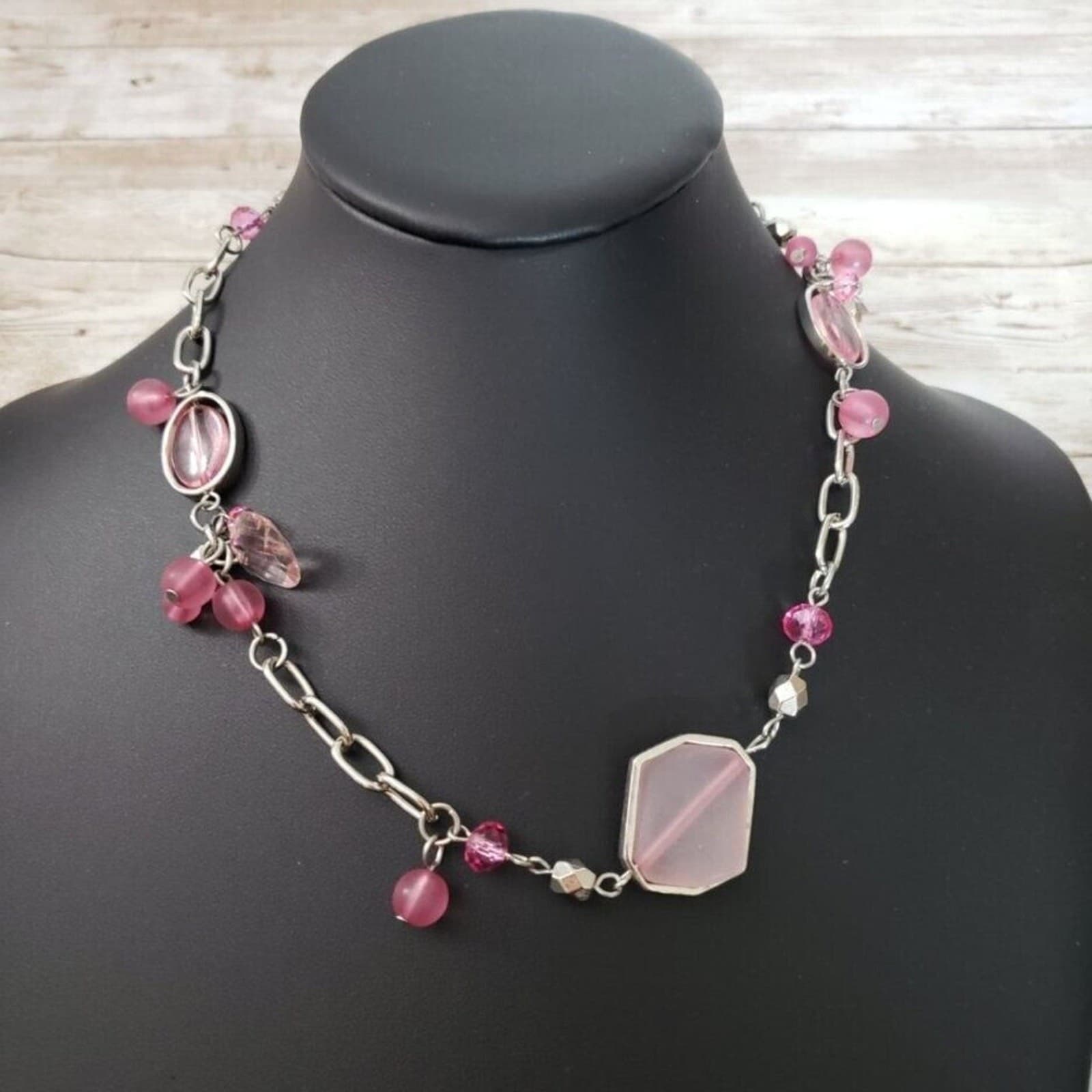 Unusual Pink & Silver Tone Necklace with Extender - Statement Necklace