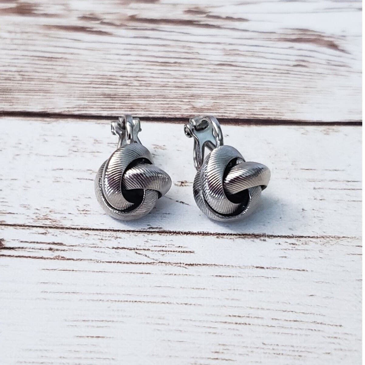 Vintage Clip On Earrings Stylish Silver Tone Knot Design 0.5"