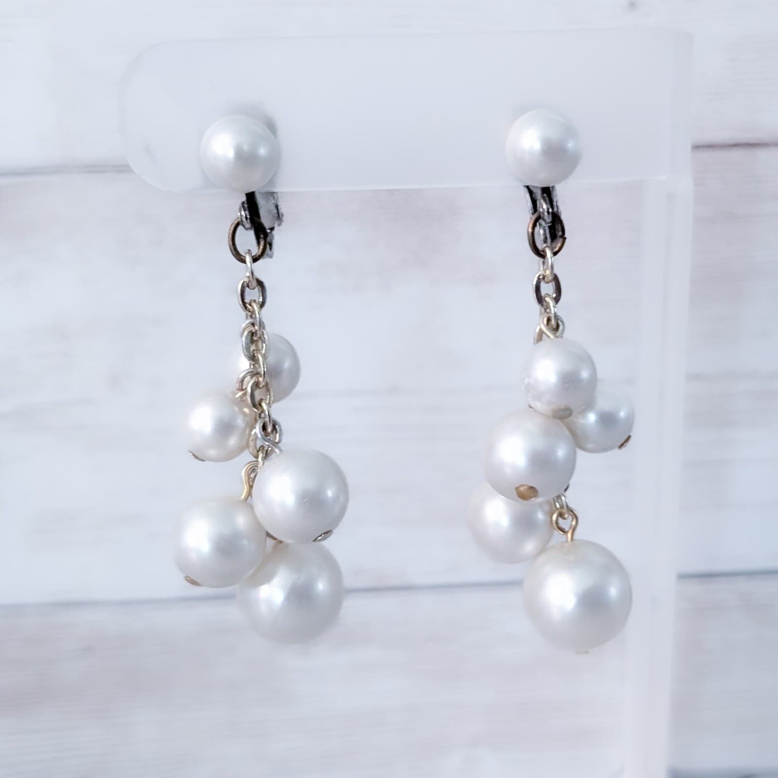 Vintage Clip On Earrings 2.25" Faux Pearl Statement Dangle