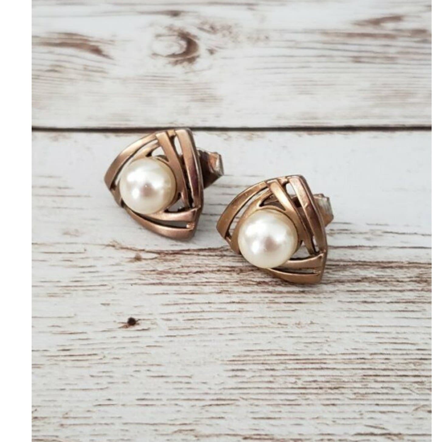 Vintage Clip On Earrings 5/8" Pretty & Unusual Faux Pearl with Triangular Halo