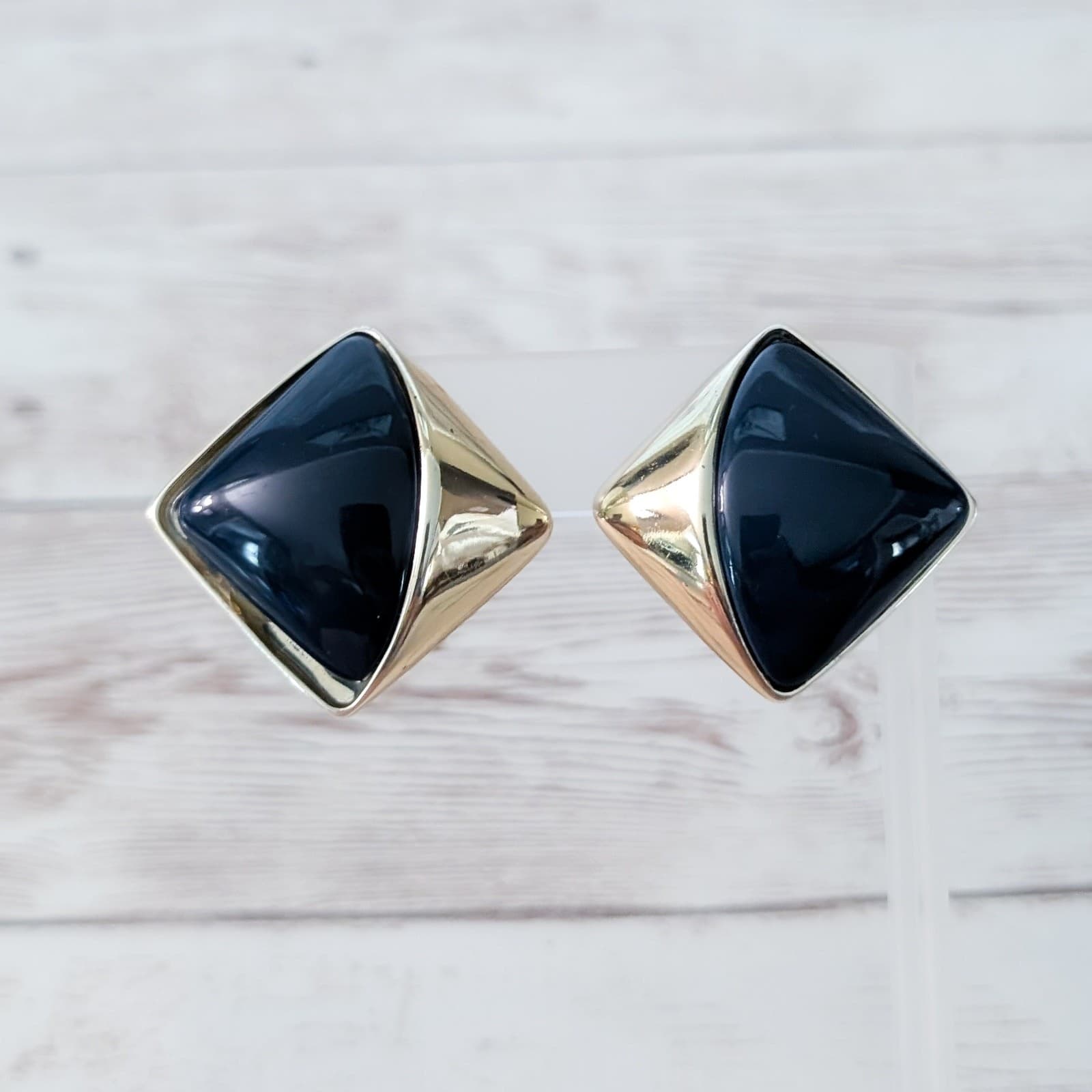 Vintage Clip On Earrings Large Blue & Gold Tone Statement Chunky