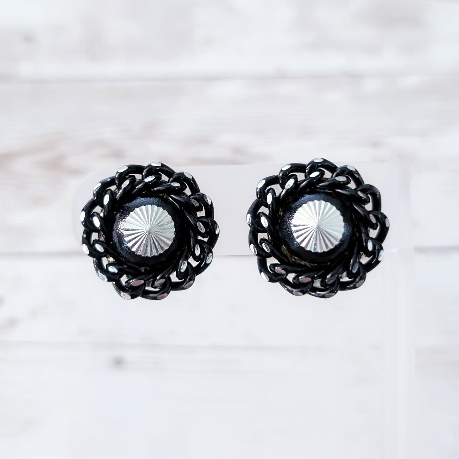 Vintage Clip On Earrings 7/8" Black & Silver Tone Stamped W Germany