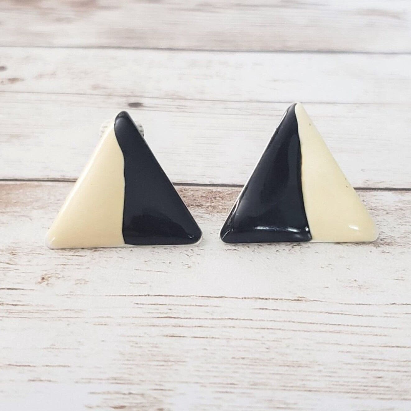 Vintage Clip On Earrings 7/8" Cream & Black Triangle - Retro Earrings