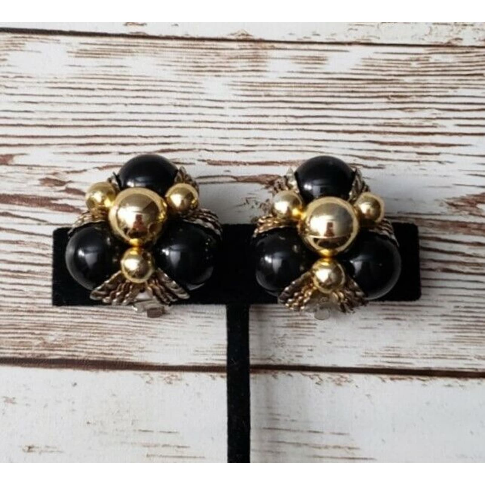 Vintage Clip On Earrings - Black & Gold Tone Fancy Cluster