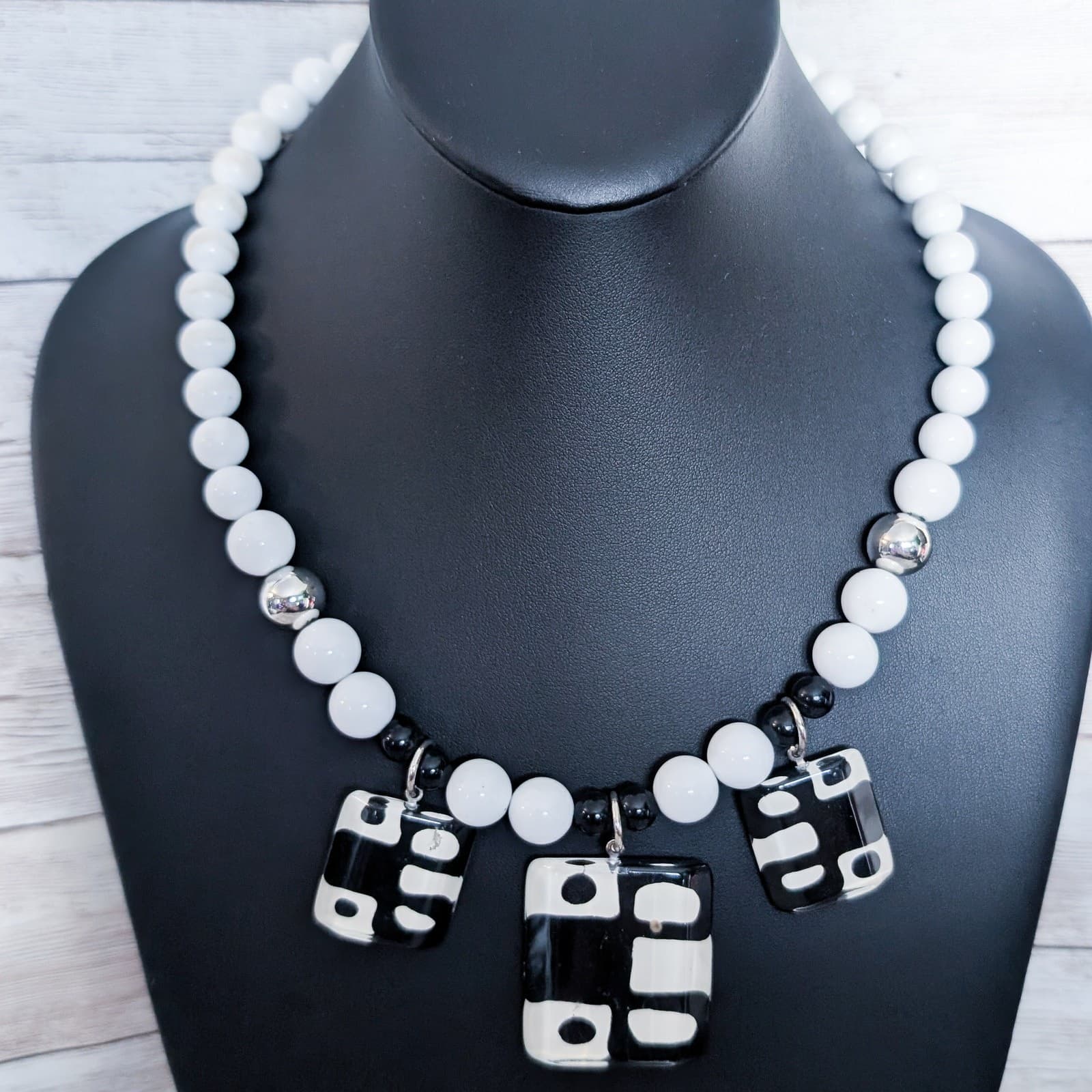 Vintage Necklace Retro Statement Black, White, Cream, Silver Tone