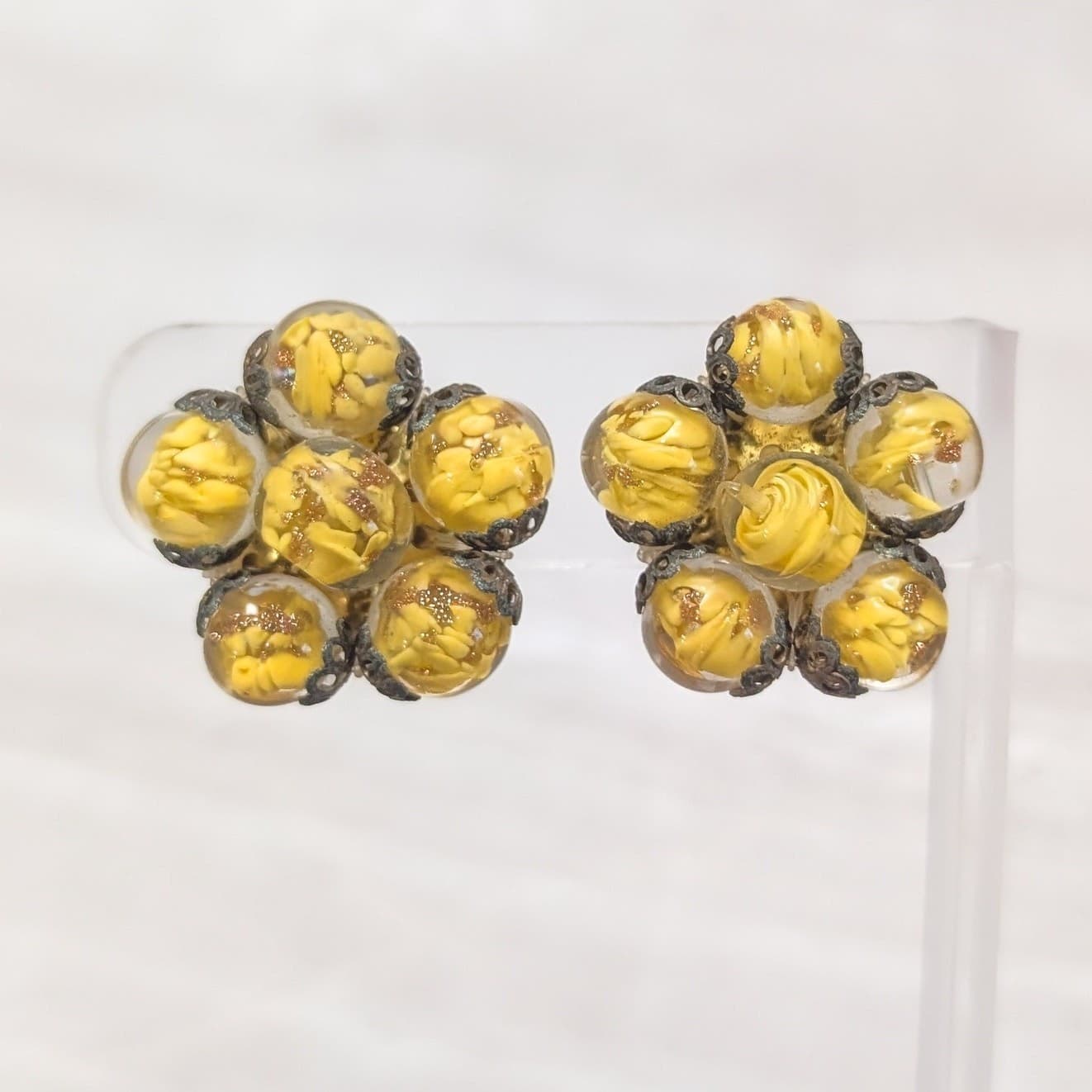 Vintage Clip On Earrings 1" Yellow Artsy Beads - Made in Italy