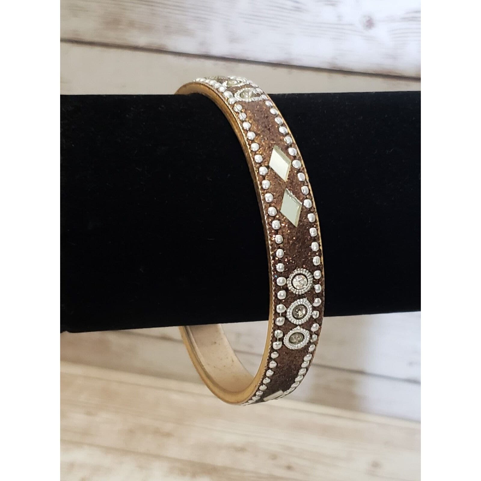 Vintage Bracelet / Bangle - Bronze Tone Glitter Bangle 8.25"