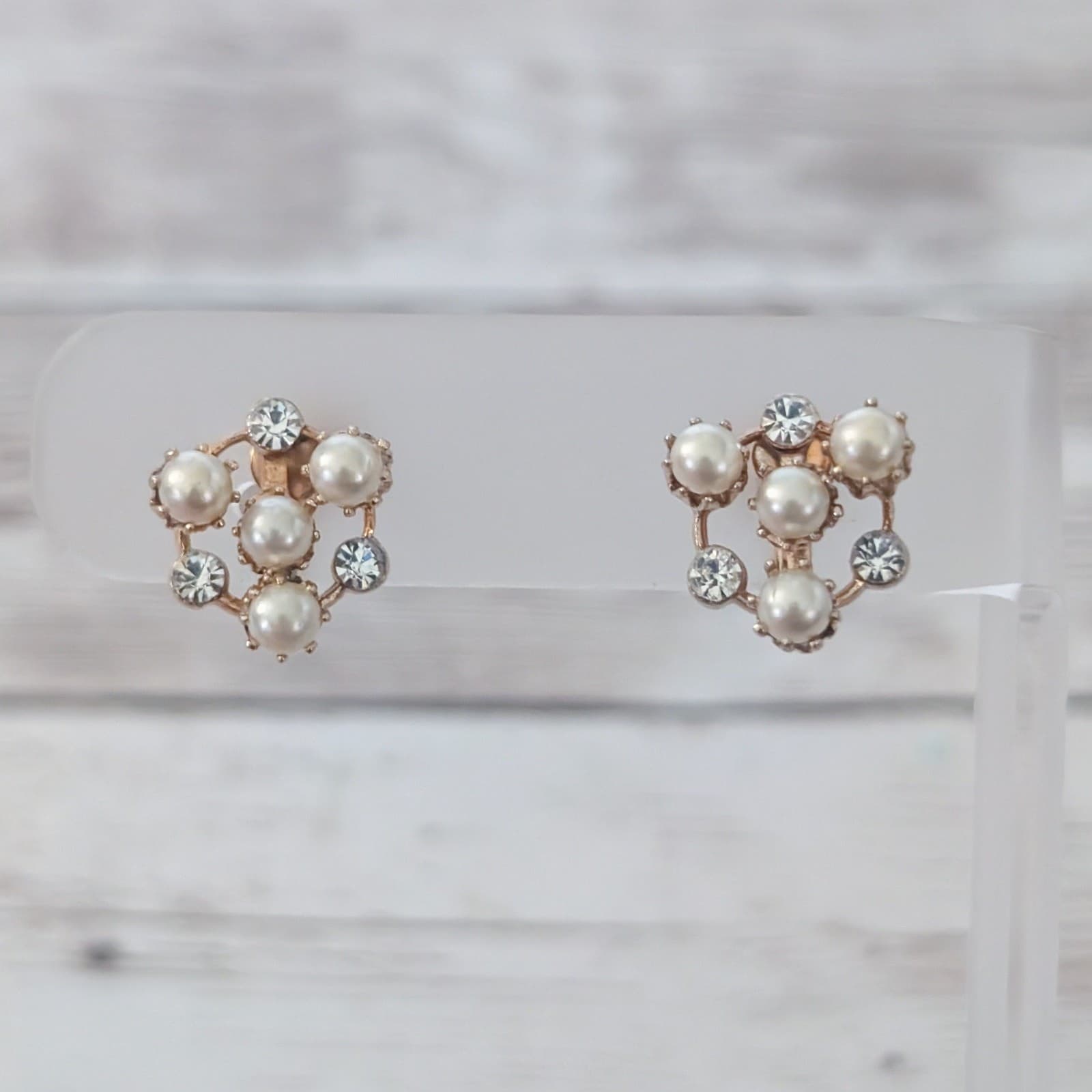 Vintage Screw On Earrings Pretty Faux Pearl & Clear Gems