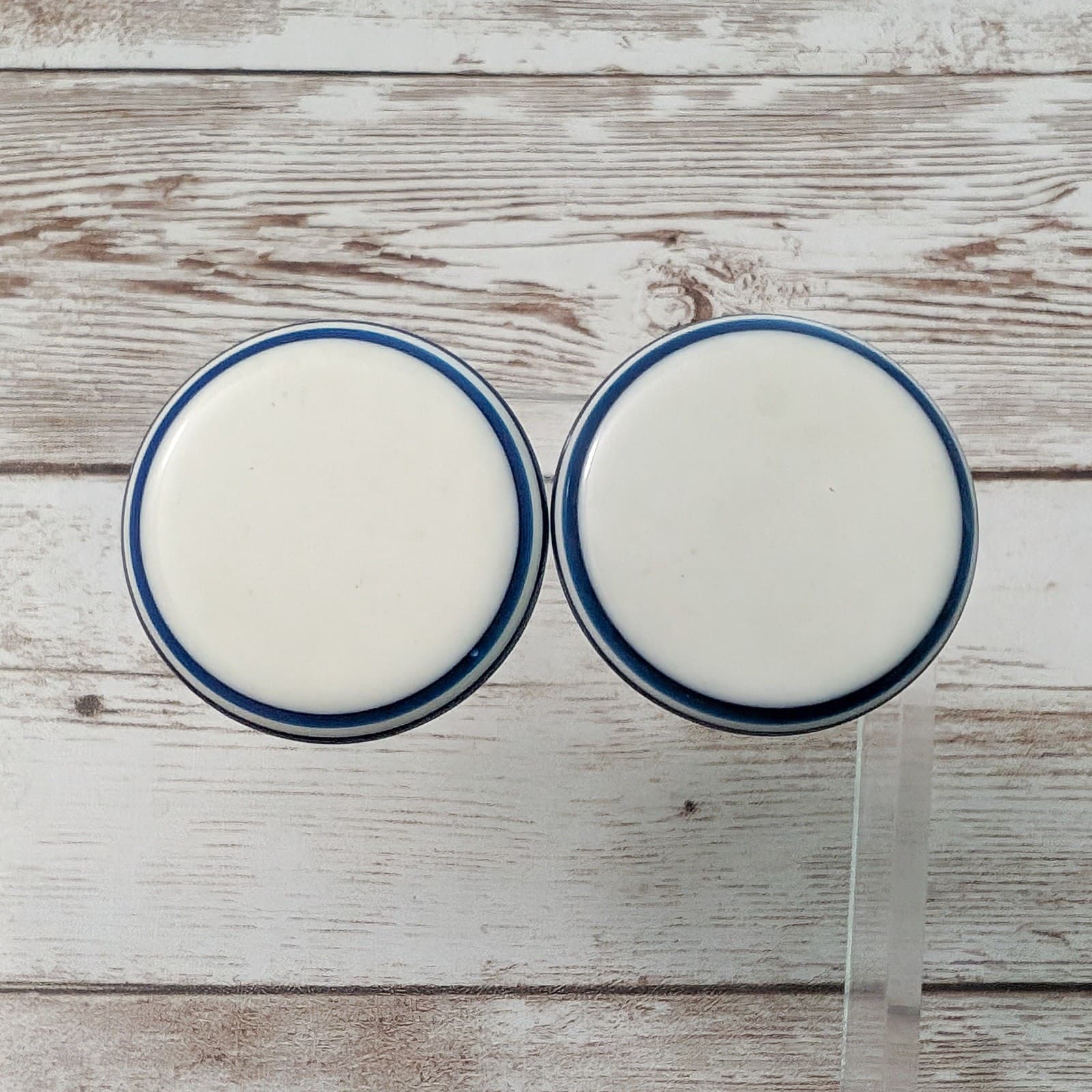 Vintage Clip On Earrings Large Cream & Blue Statement Circle