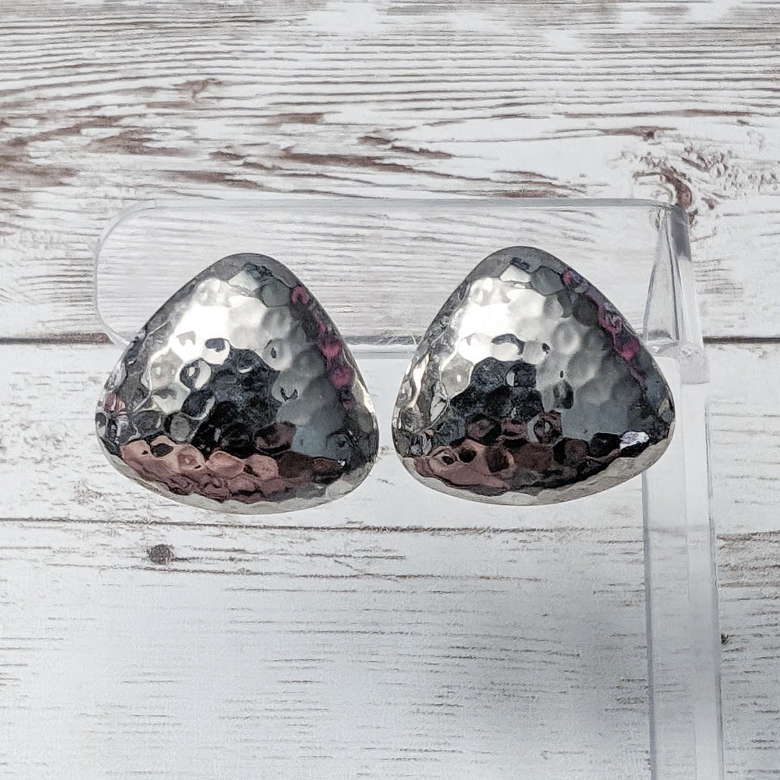 Vintage Clip On Earrings Rounded Triangle Silver Tone Hammered Pattern