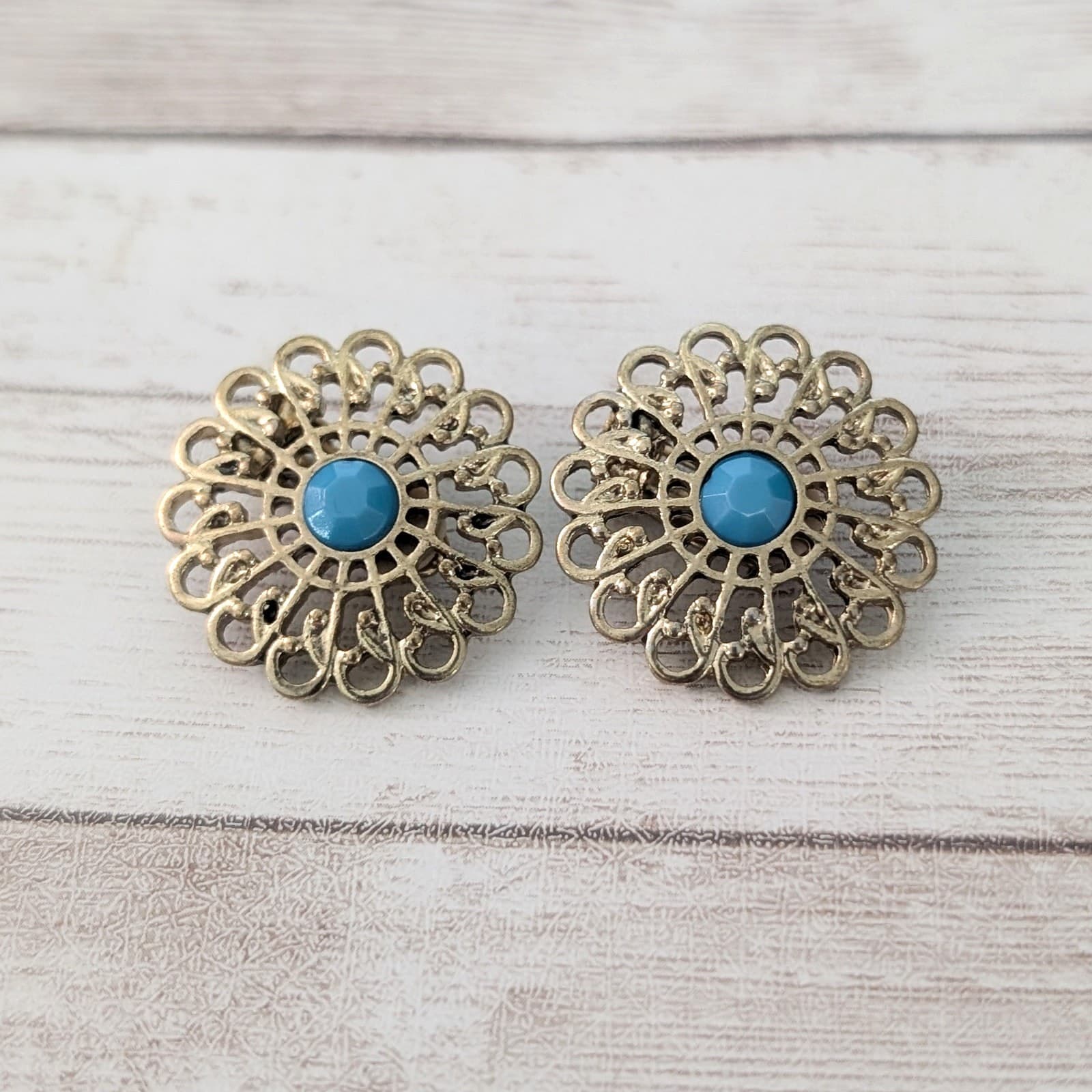 Vintage Clip On Earrings Ornate Gold Tone with Turquoise Tone Center Large