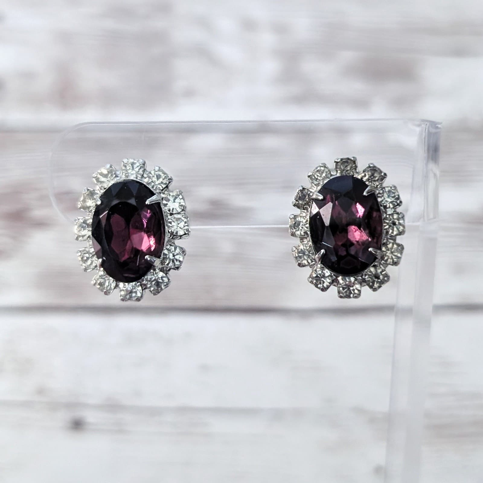 Vintage Clip On Earrings 0.75" Purple Gem with Clear Gem Halo