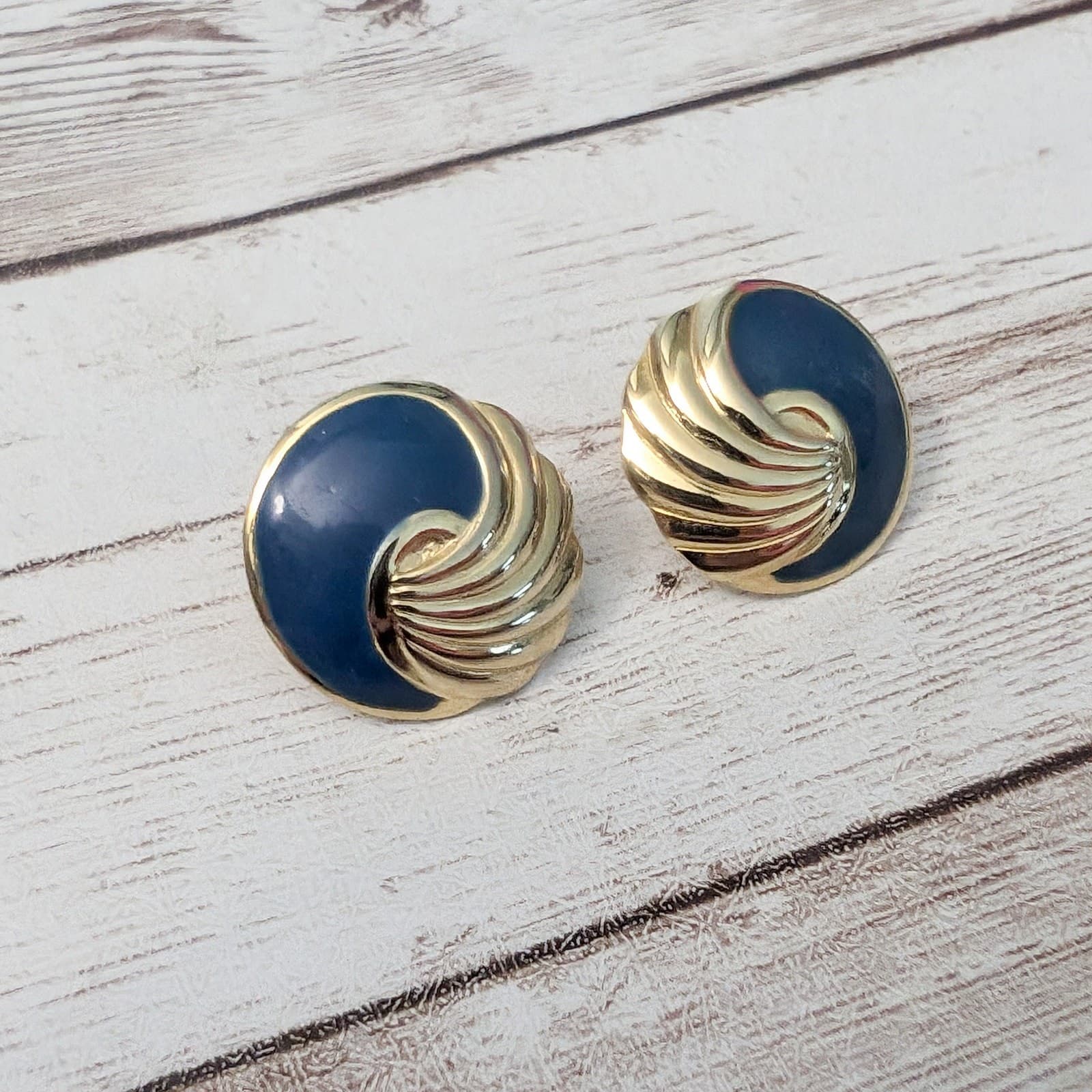 Vintage Stud Earrings For Pierced Ears Fancy Blue & Gold Tone 0.75"
