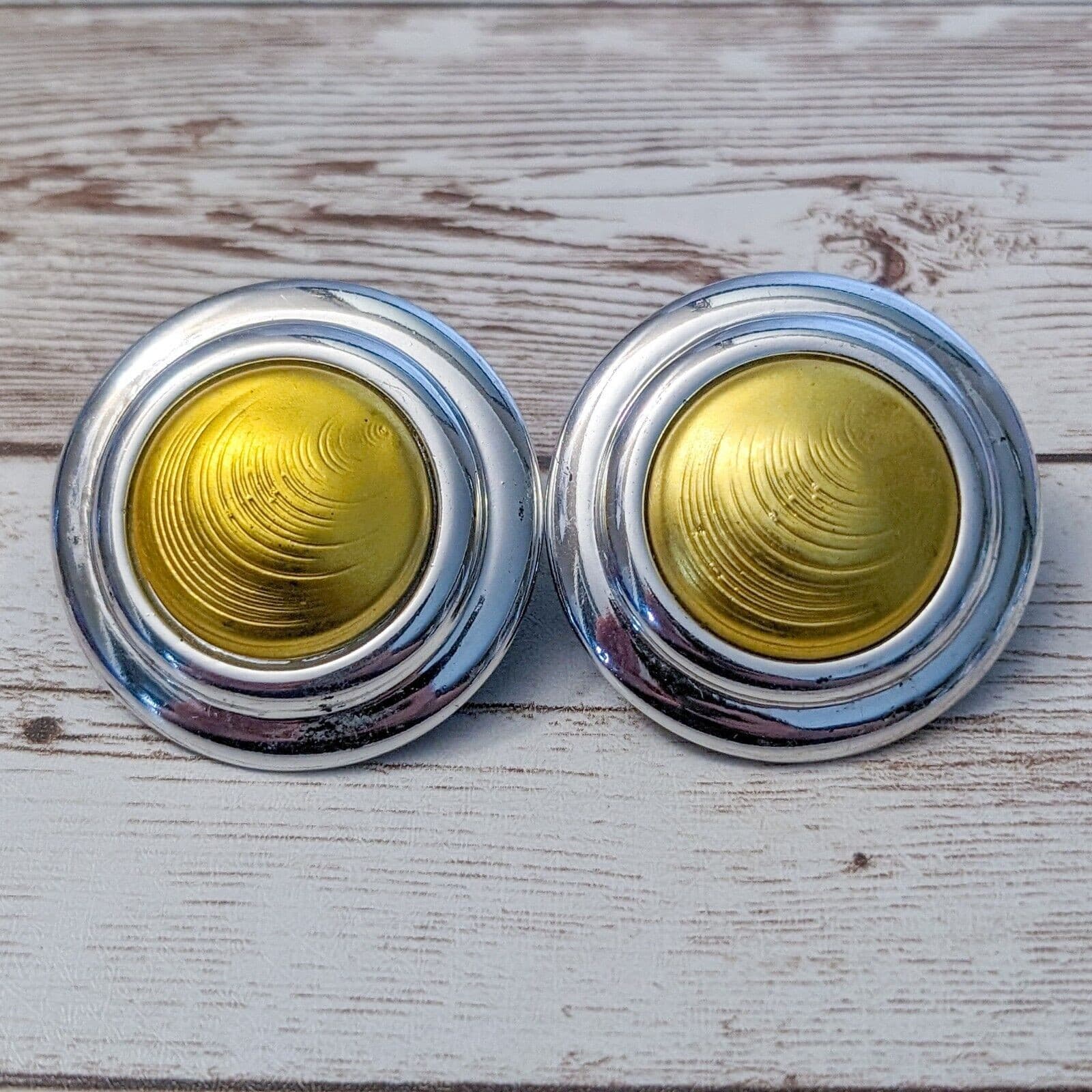 Vintage Clip On Earrings -Statement 1 & 5/8" Large Metallic Yellow & Silver Tone