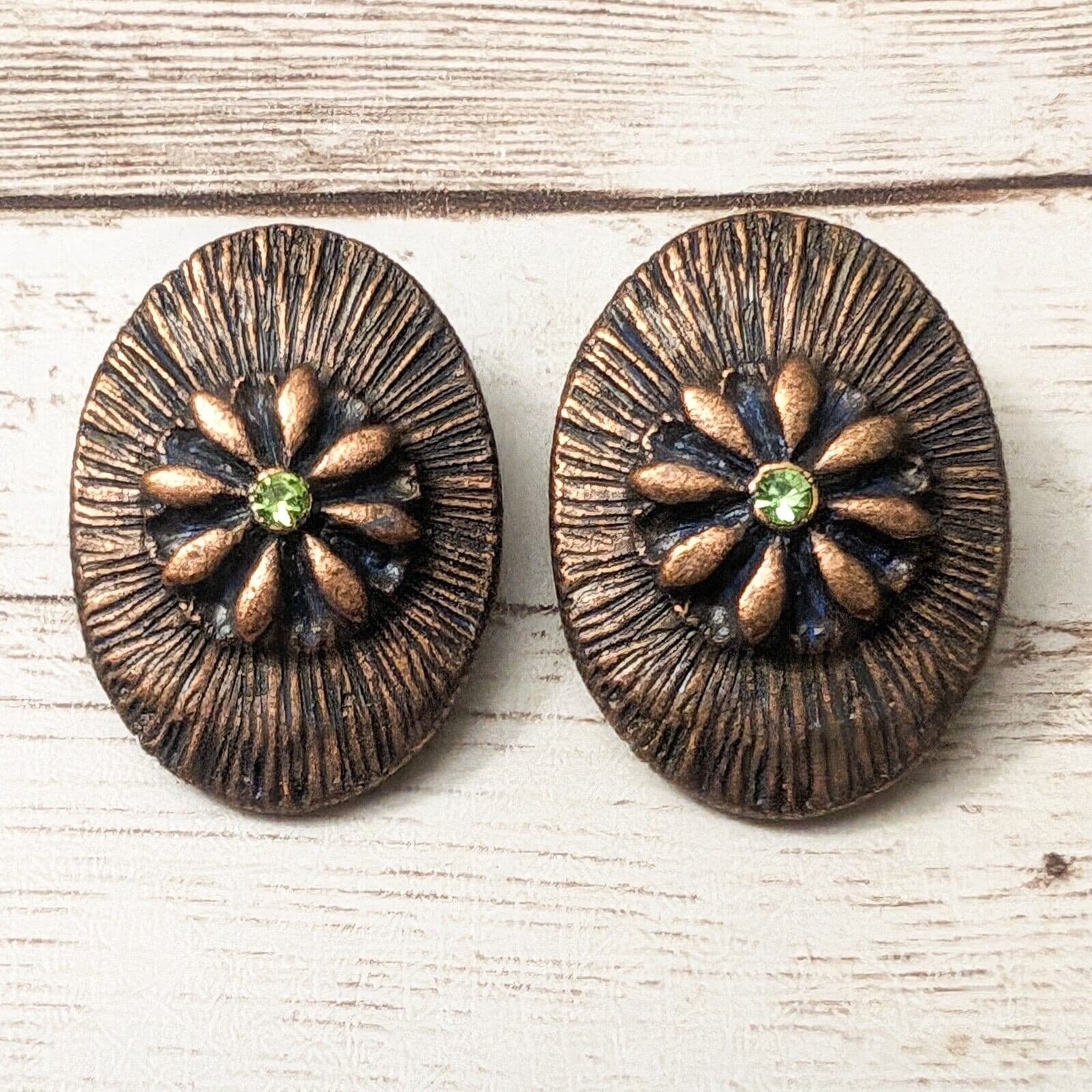 Vintage Clip On Earrings - Metallic Brown Oval, Flower Design with Green Gem