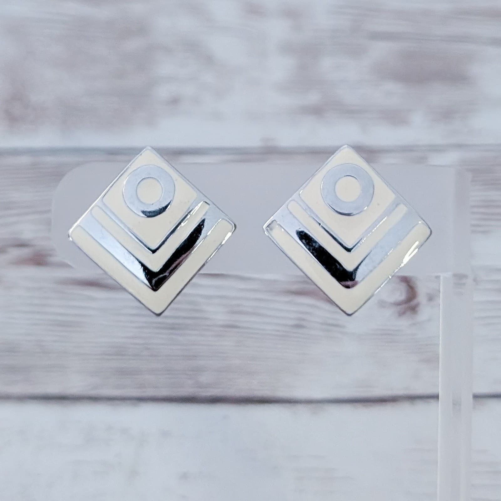 Vintage Clip On Earrings Geometric Cream & Silver Tone