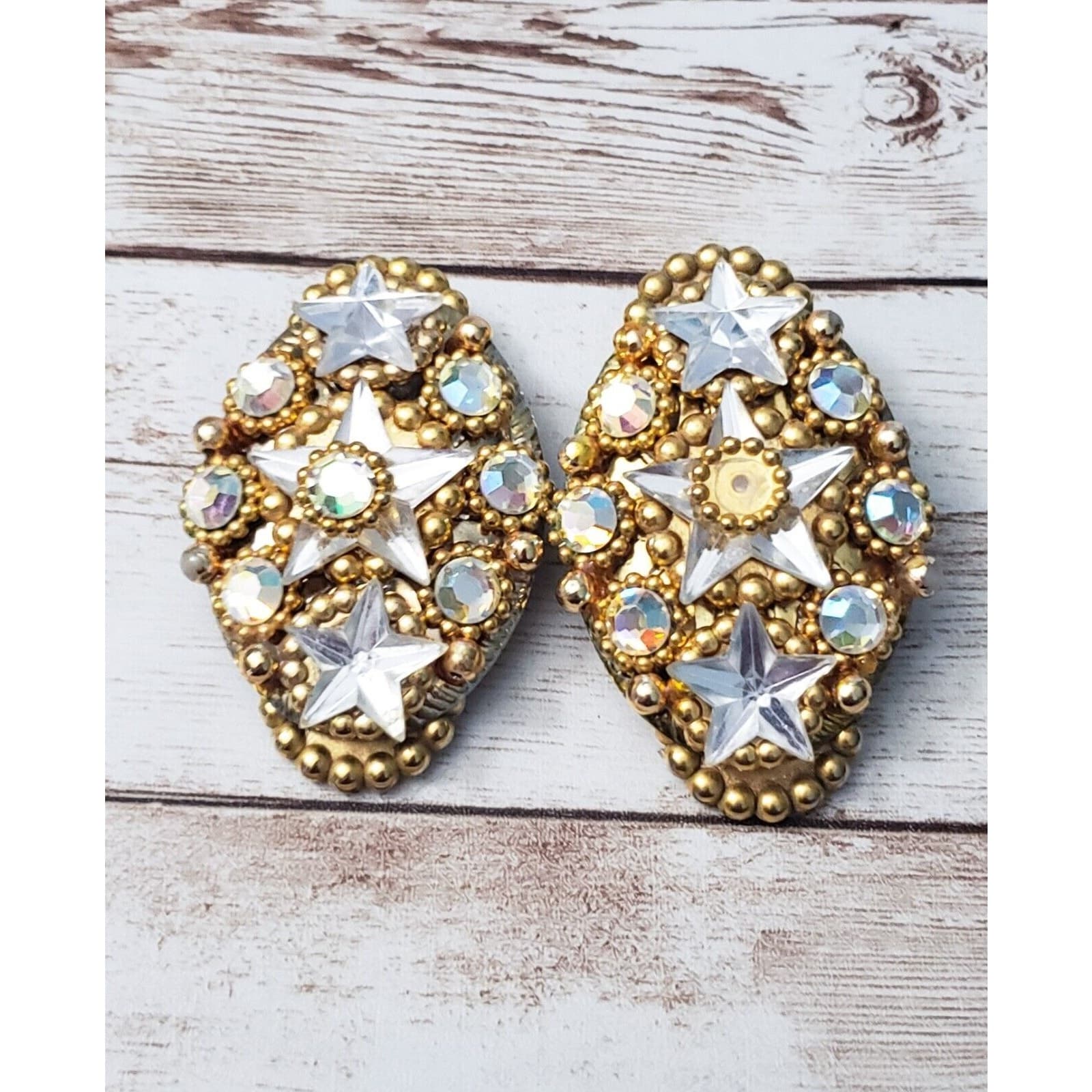 Vintage Clip On Earrings - Extra Large Clear Gem & Gold Tone - One Gem Missing