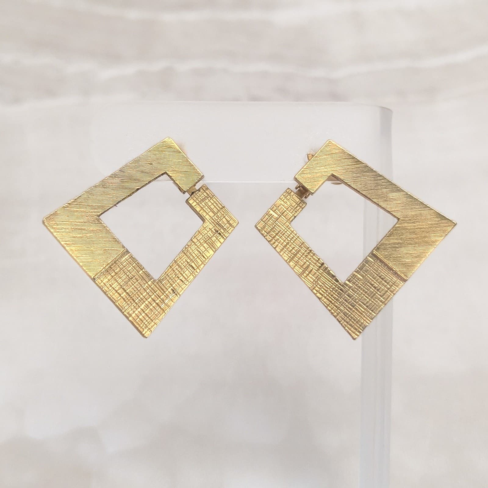 Vintage Anne Klein Clip On Earrings 1980s Textured Gold Tone Geometric Statement