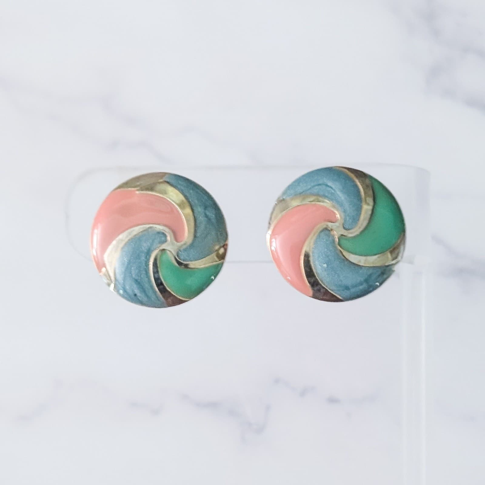 Vintage Clip On Earrings Multi Colored Enamel & Gold Tone Circle 7/8"