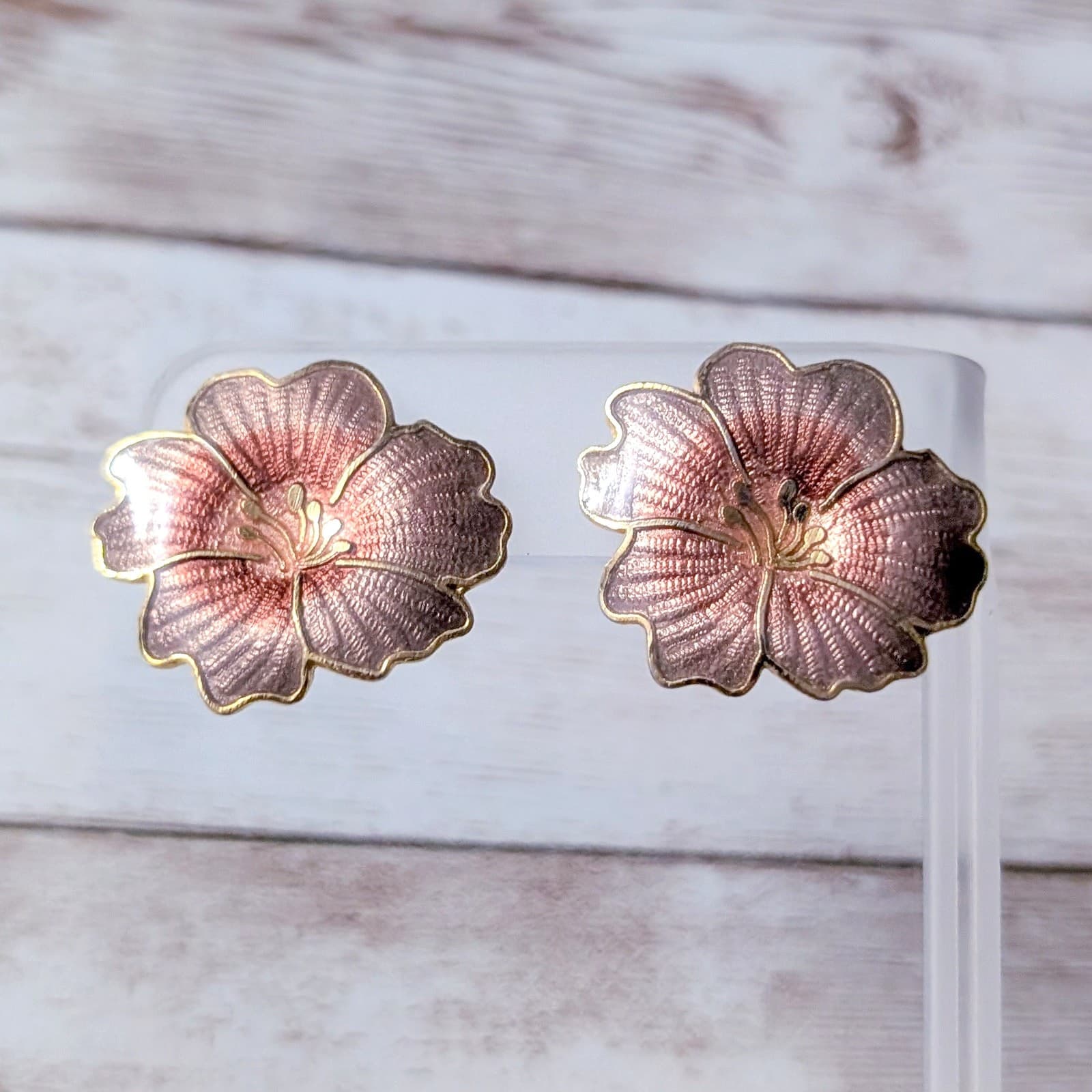 Vintage Clip On Earrings Large Pink Flower Statement