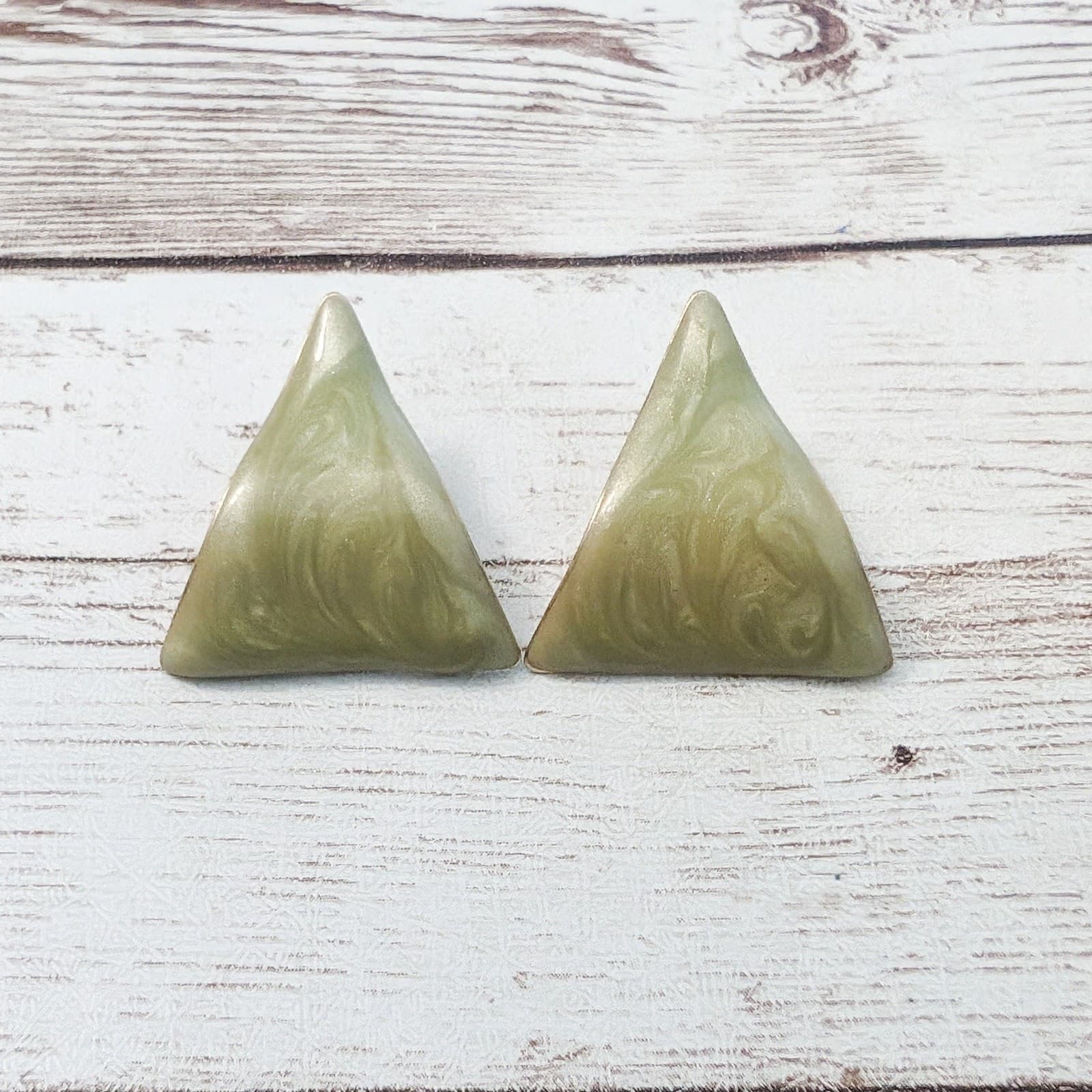 Vintage Earrings For Pierced Ears Green Wavy Triangle 1 "