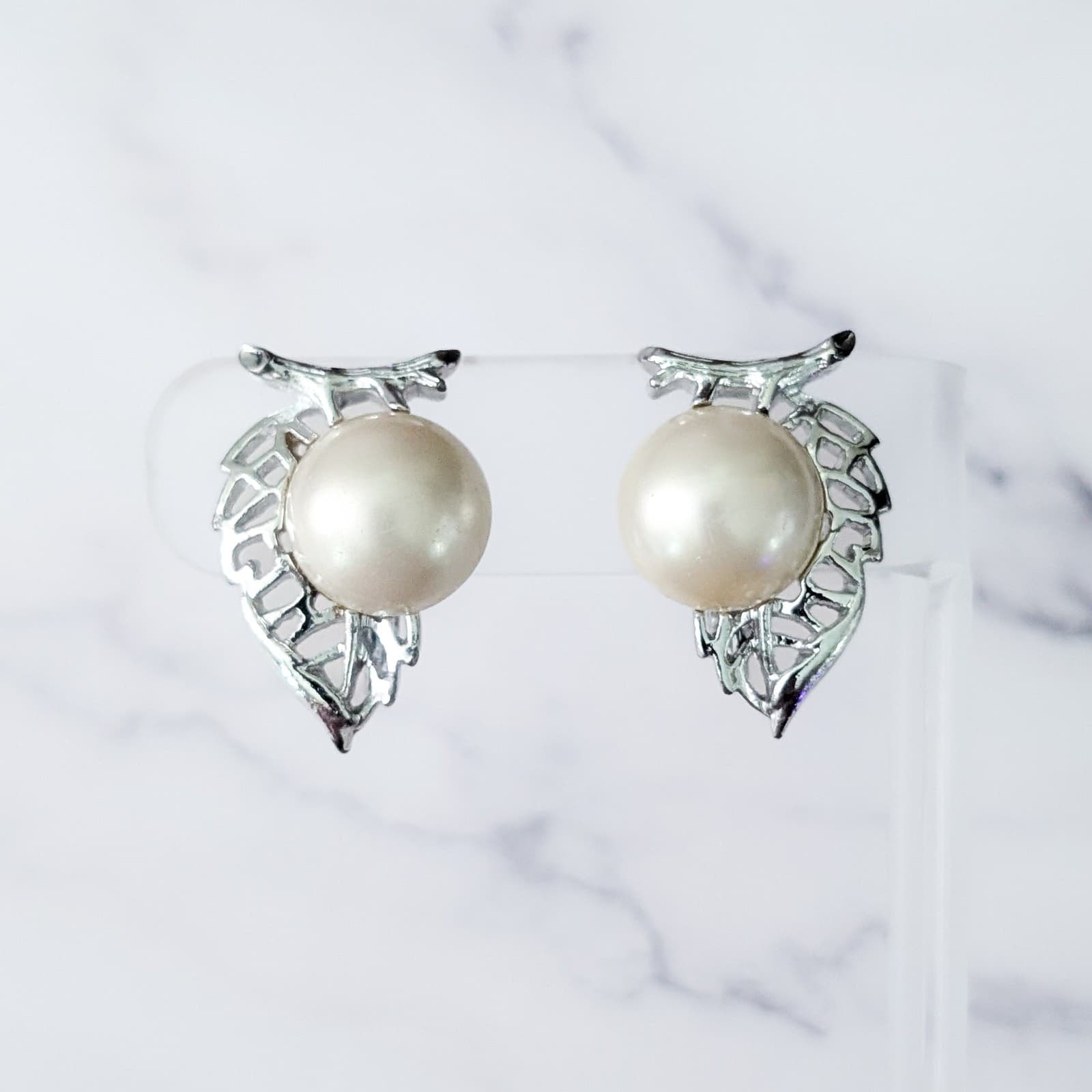 Vintage Clip On Earrings Large Silver Tone Leaf & Faux Pearl Statement