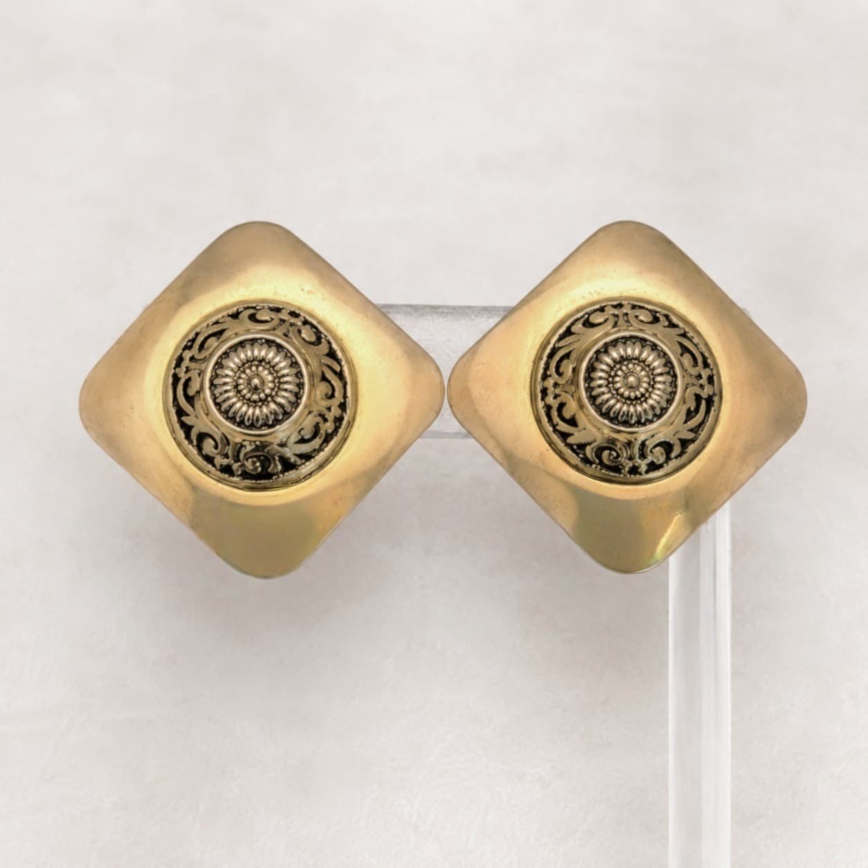 Vintage Clip On Earrings Extra Large Statement Gold Tone Ornate Center 1980s