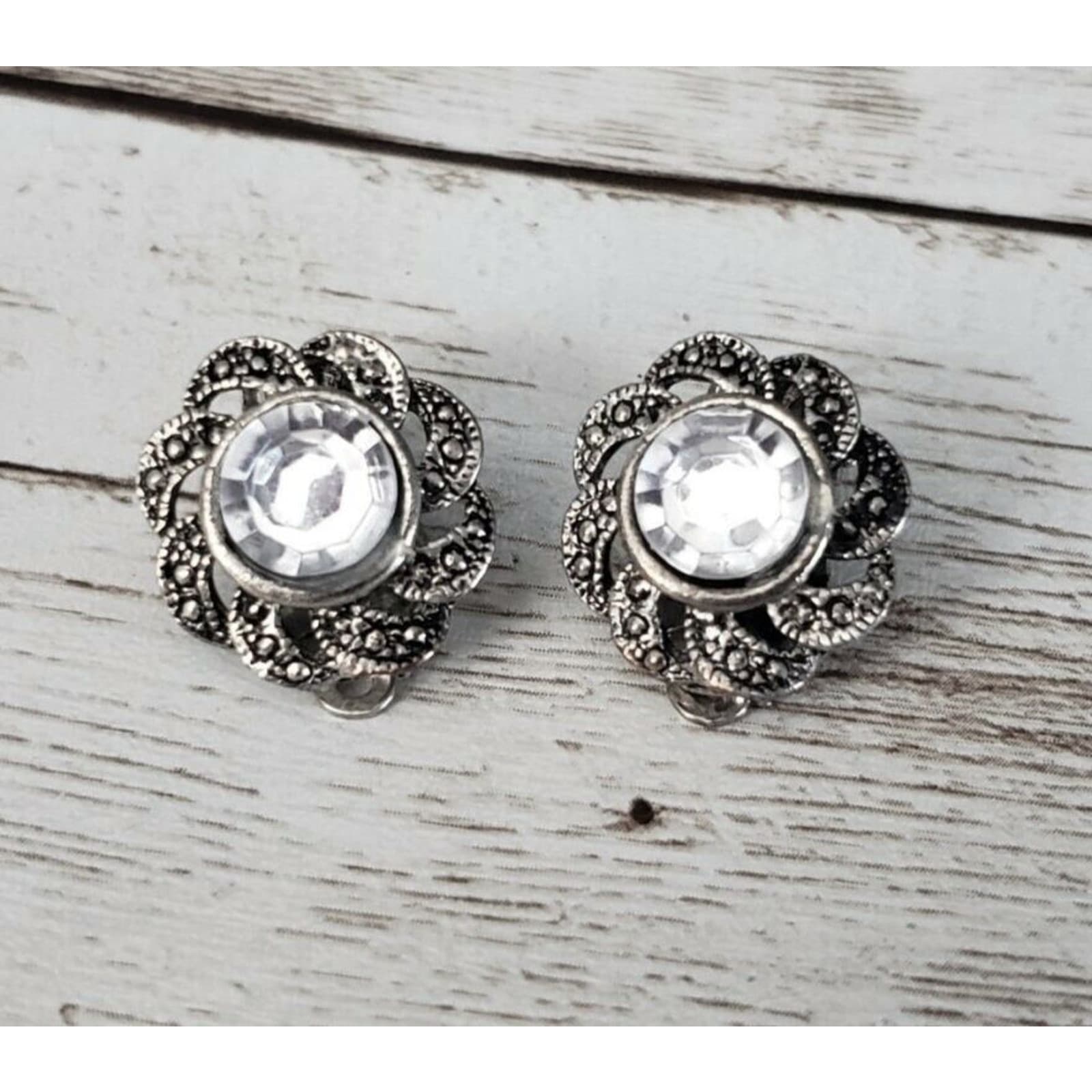 Vintage Clip On Earrings Large Clear Gem with Ornate Dark Silver Tone Halo