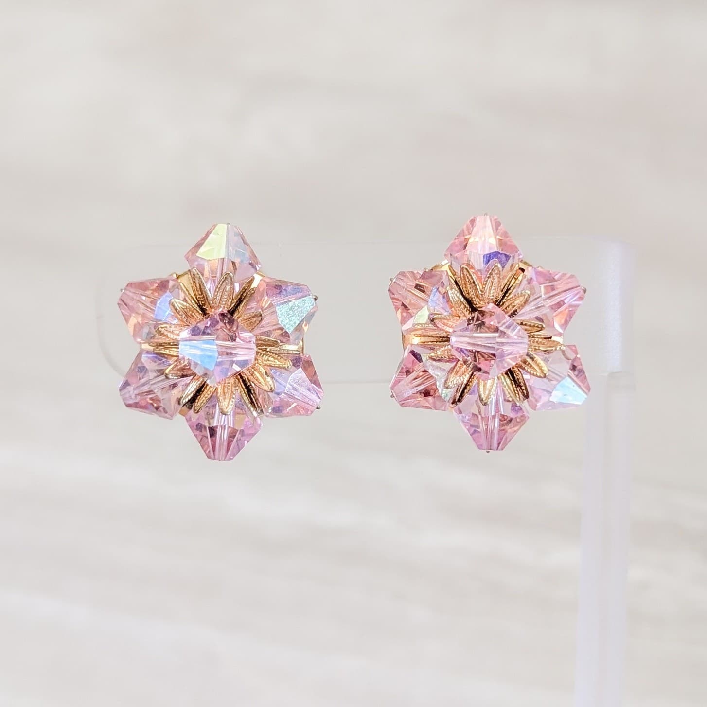 Vintage Clip On Earrings Pink Starburst with Aurora Borealis Finish Pretty