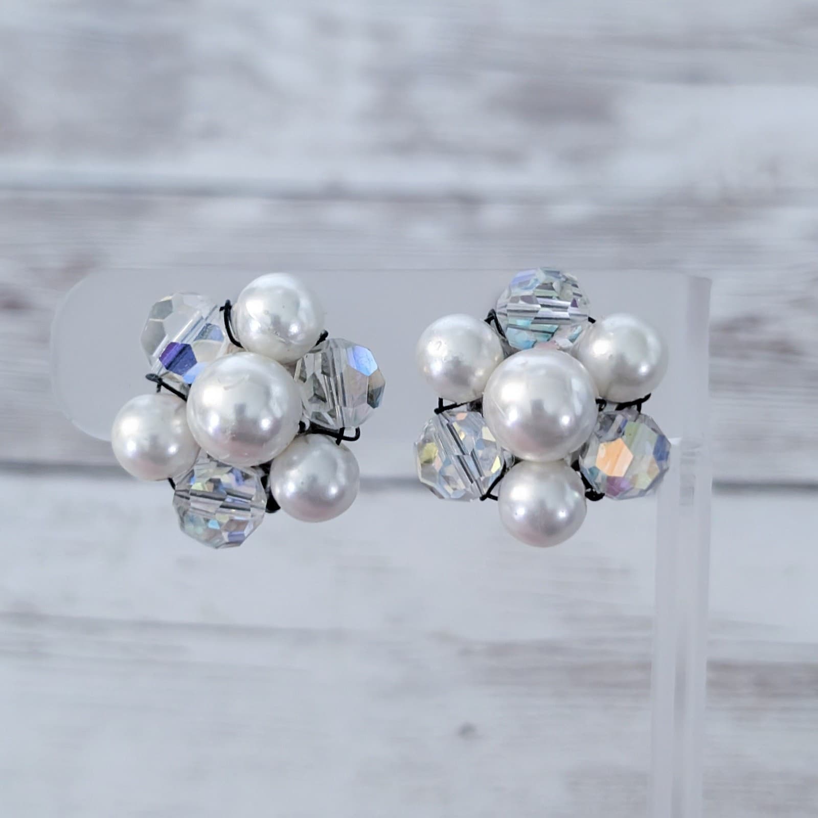 Vintage Clip On Earrings Faux Pearl & Iridescent Cluster Statement