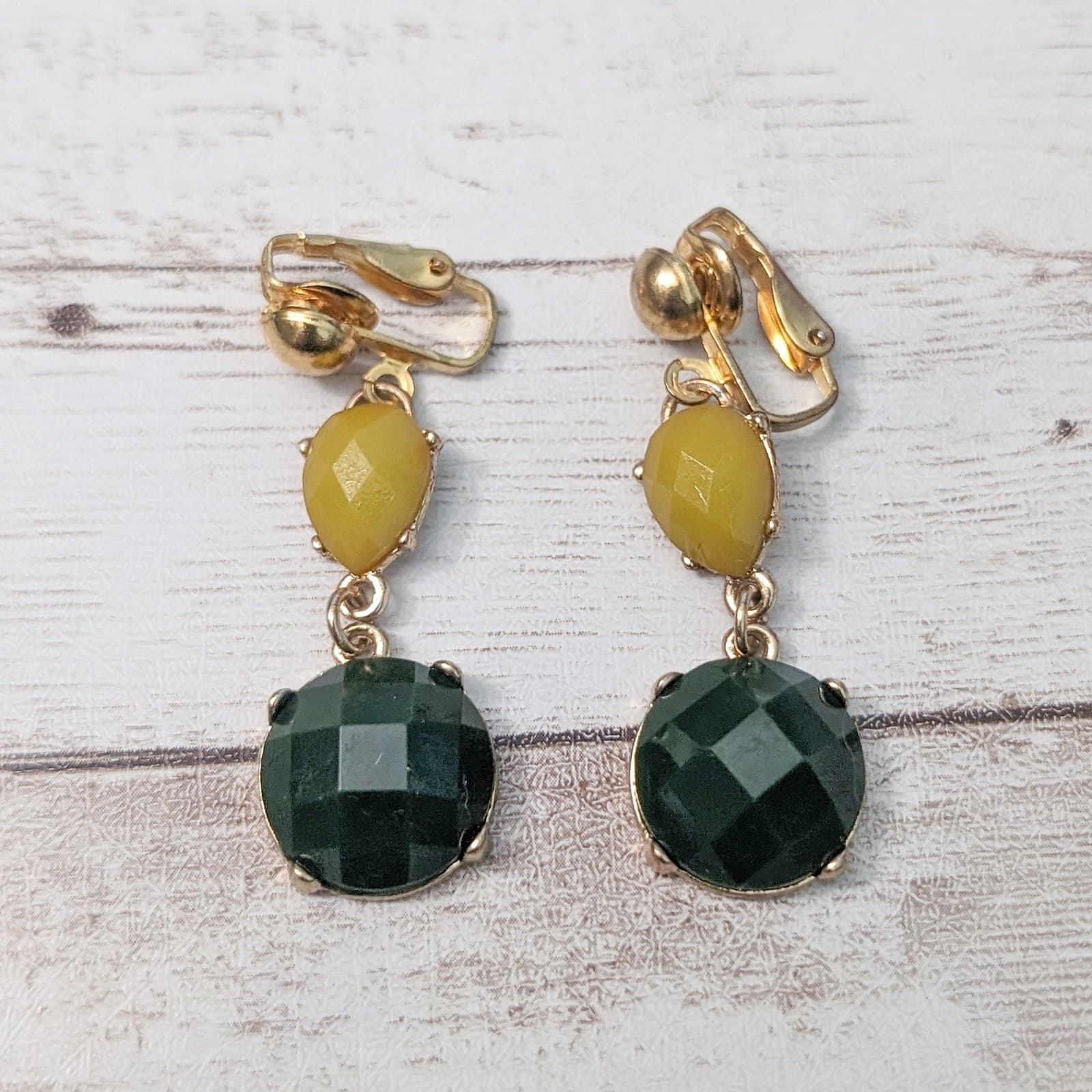 Vintage Clip On Earrings Dark Green and Dusky Yellow