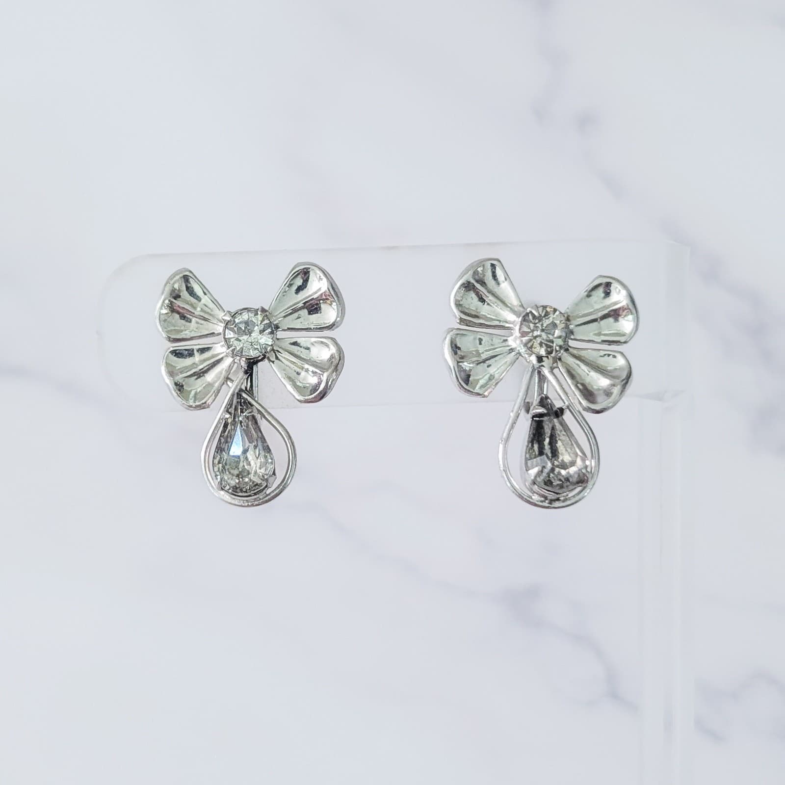 Vintage Screw On Earrings Unusual Silver Tone with Gems 1" Statement