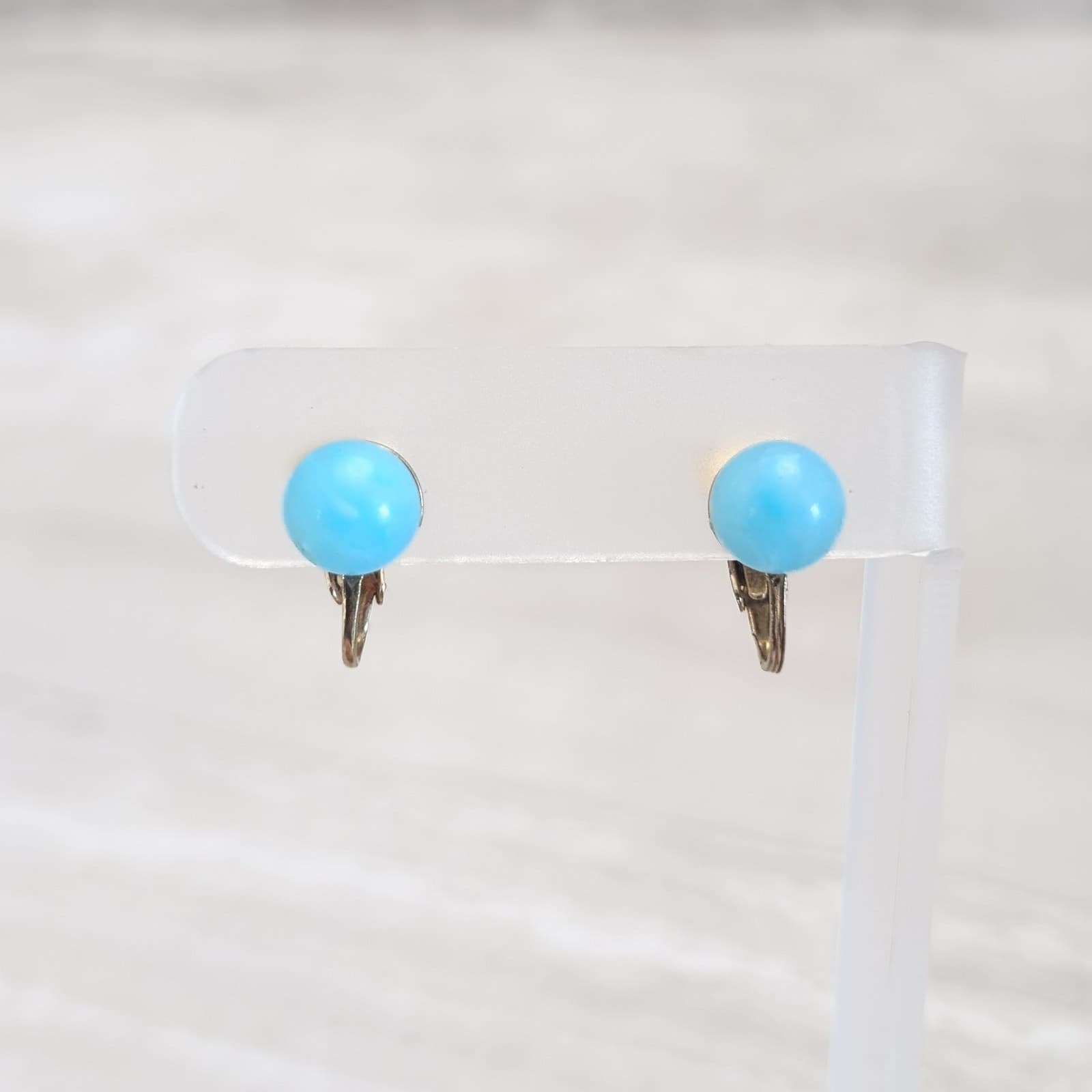 Vintage Clip On Earrings Light Blue-ish Turquoise-ish Tone Ball 3/8" Small Retro