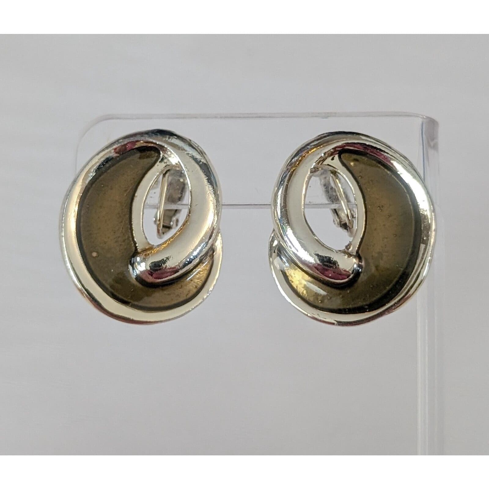 Vintage Clip On Earrings - Large Bronzey Green Swirl Like Earrings