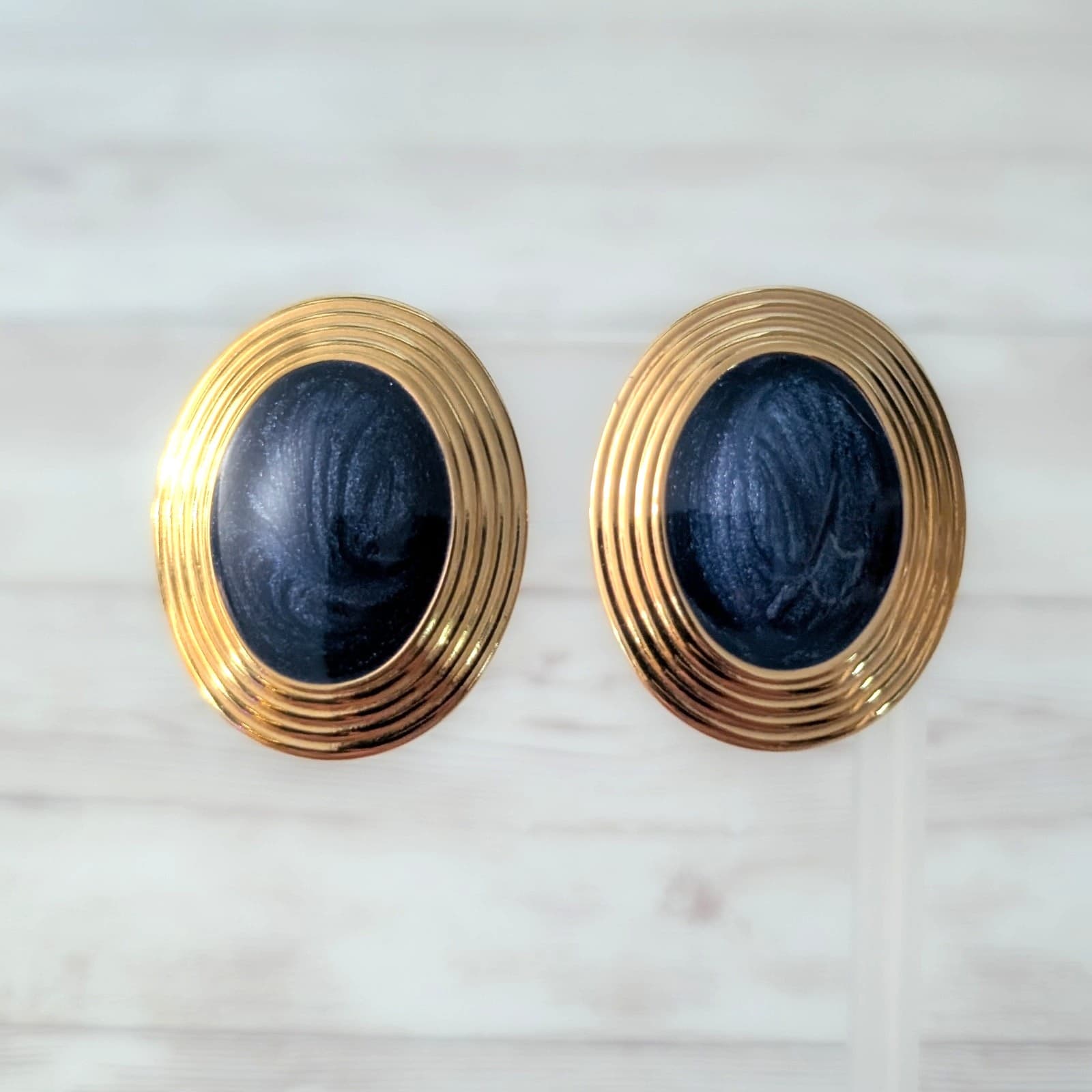 Vintage Clip On Earrings Very Large Dark Blue & Gold Tone Statement Oval 1.5"