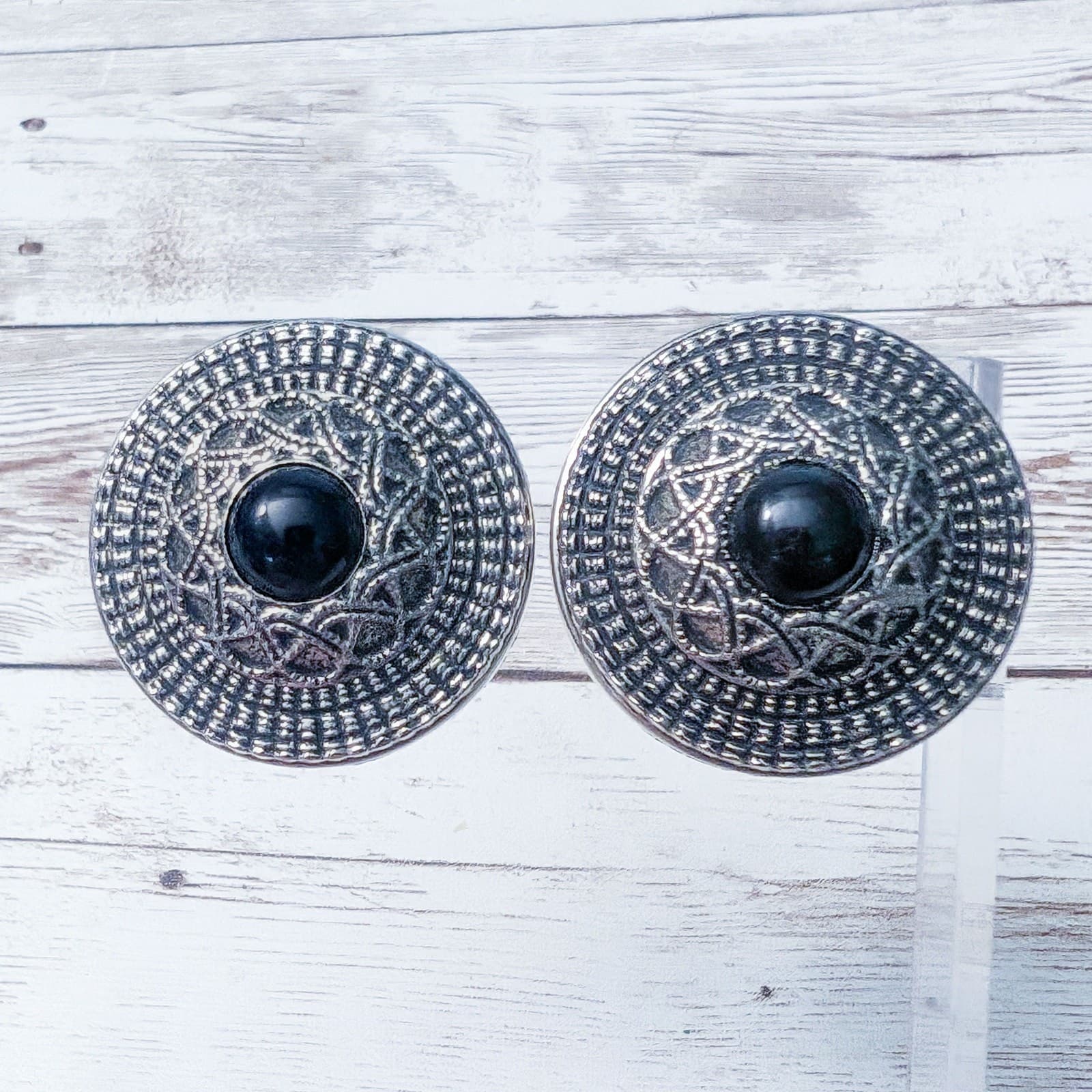Vintage Clip On Earrings Statement Large Ornate Silver Tone with Black Center