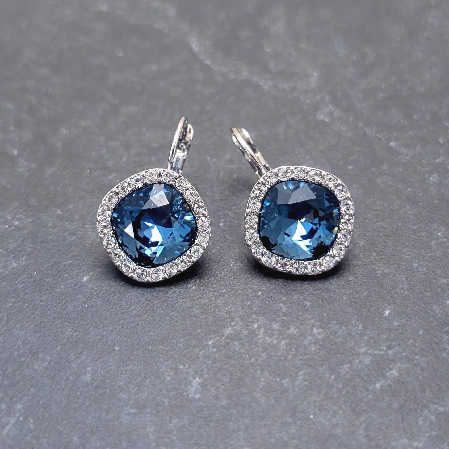 Stunning Blue and Clear Gem Regal Vintage Leverback Earrings Dangle Stamped M