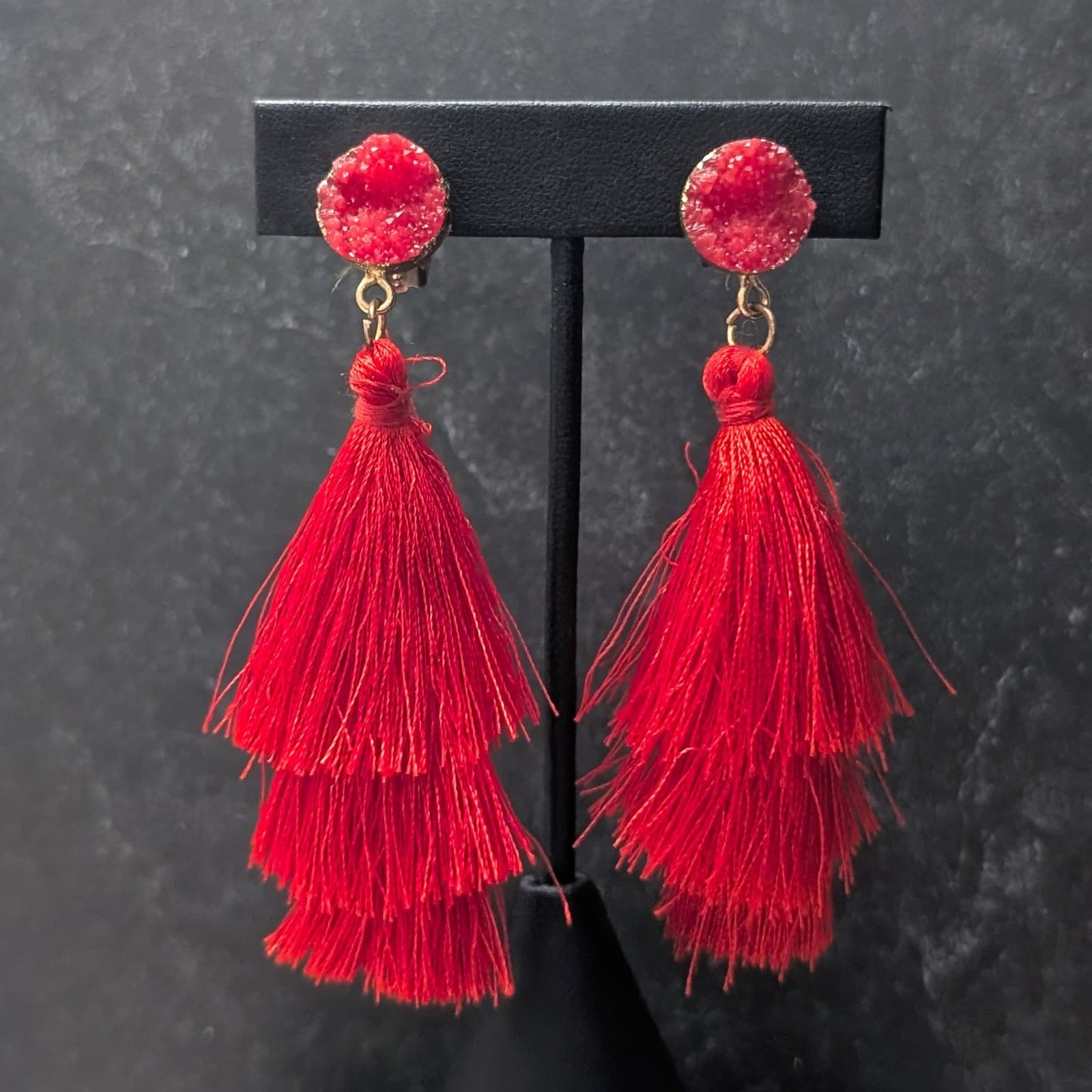 Clip On Earrings - Extra Long Drop Dangle - Red Tassel Statement Earrings