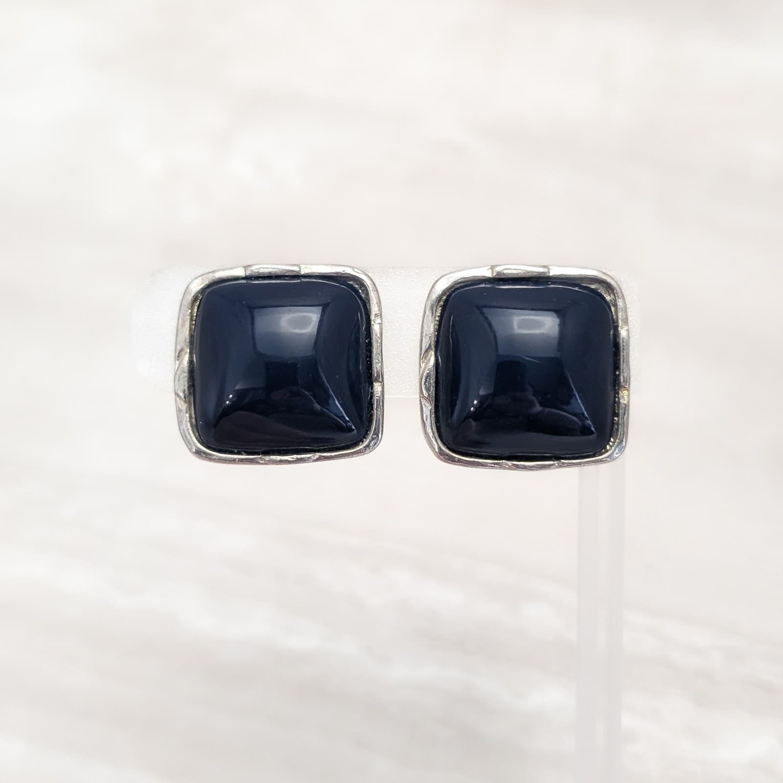 Vintage Clip On Earrings Rounded Square Dark Blue with Silver Tone Halo Large