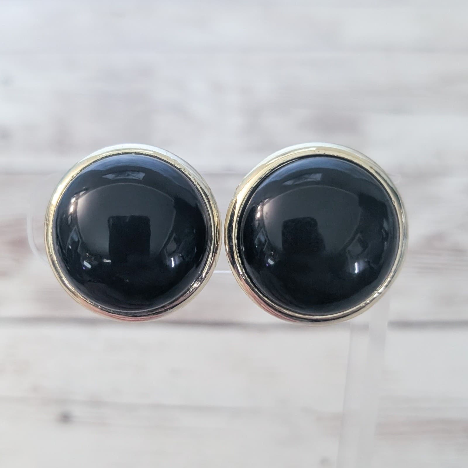 Vintage Clip On Earrings Large Black with Thin Gold Tone Halo Domed